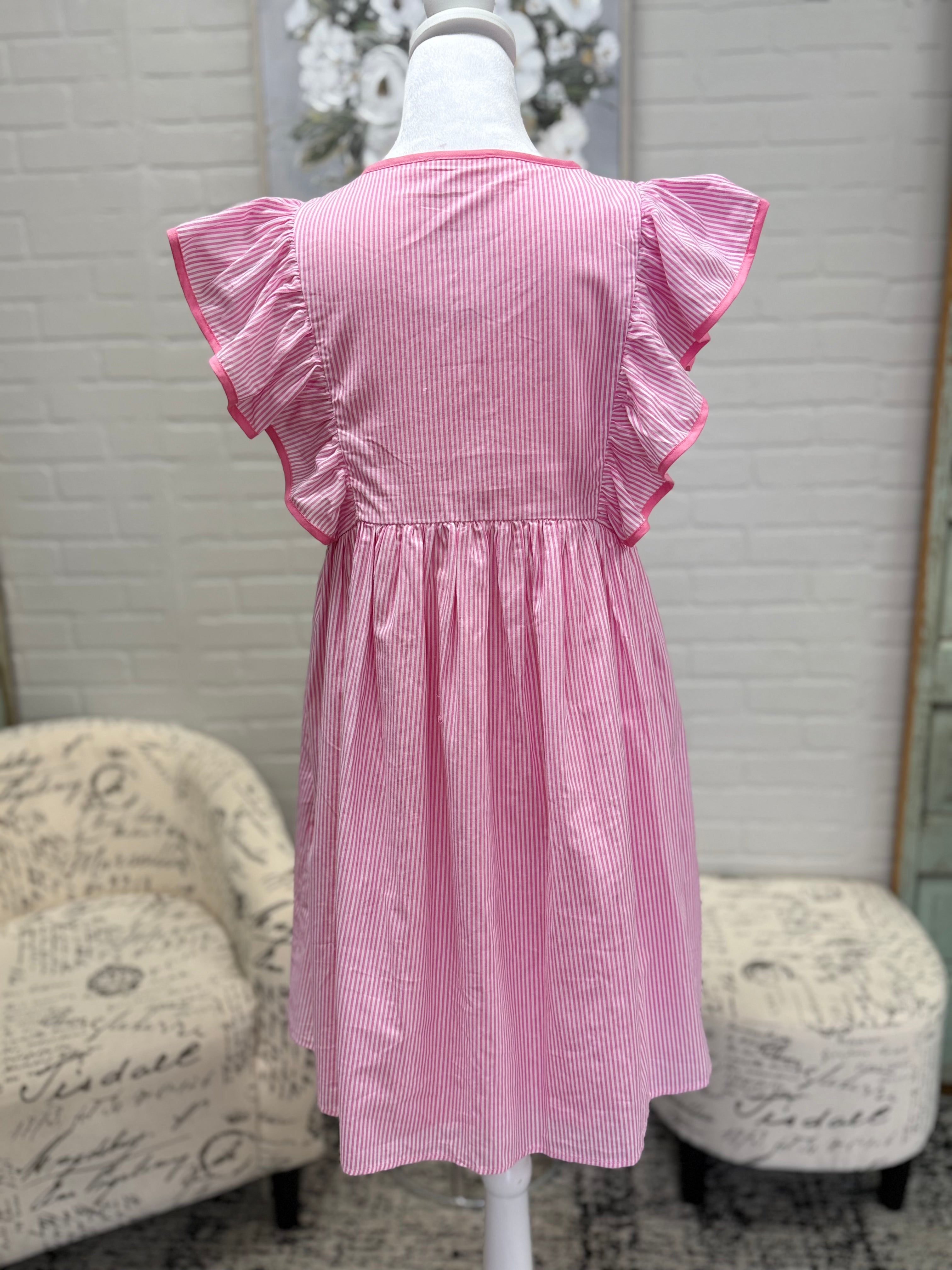 Pink Pinstripe Flutter Sleeve Dress