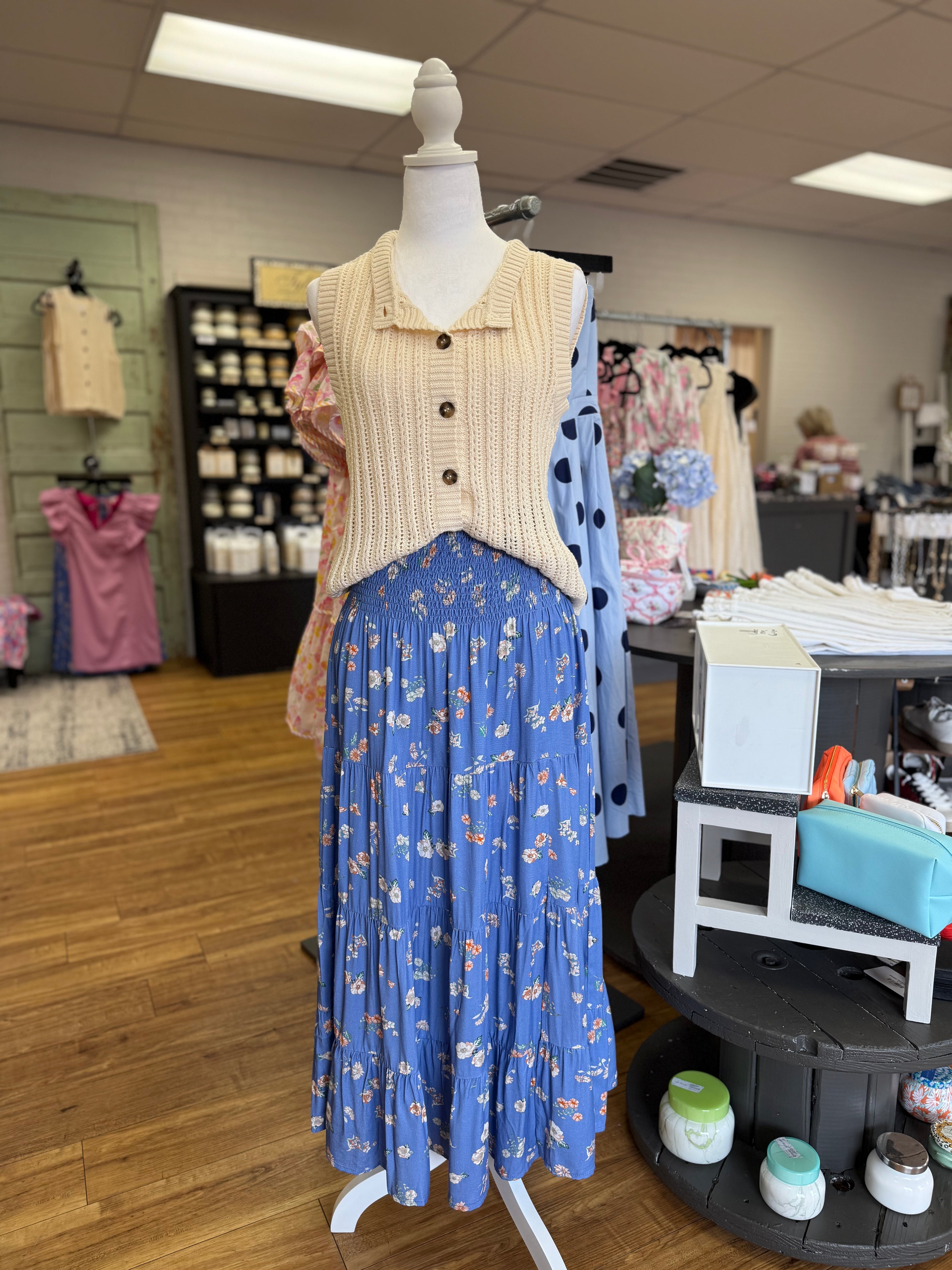Blue Floral Midi Skirt
