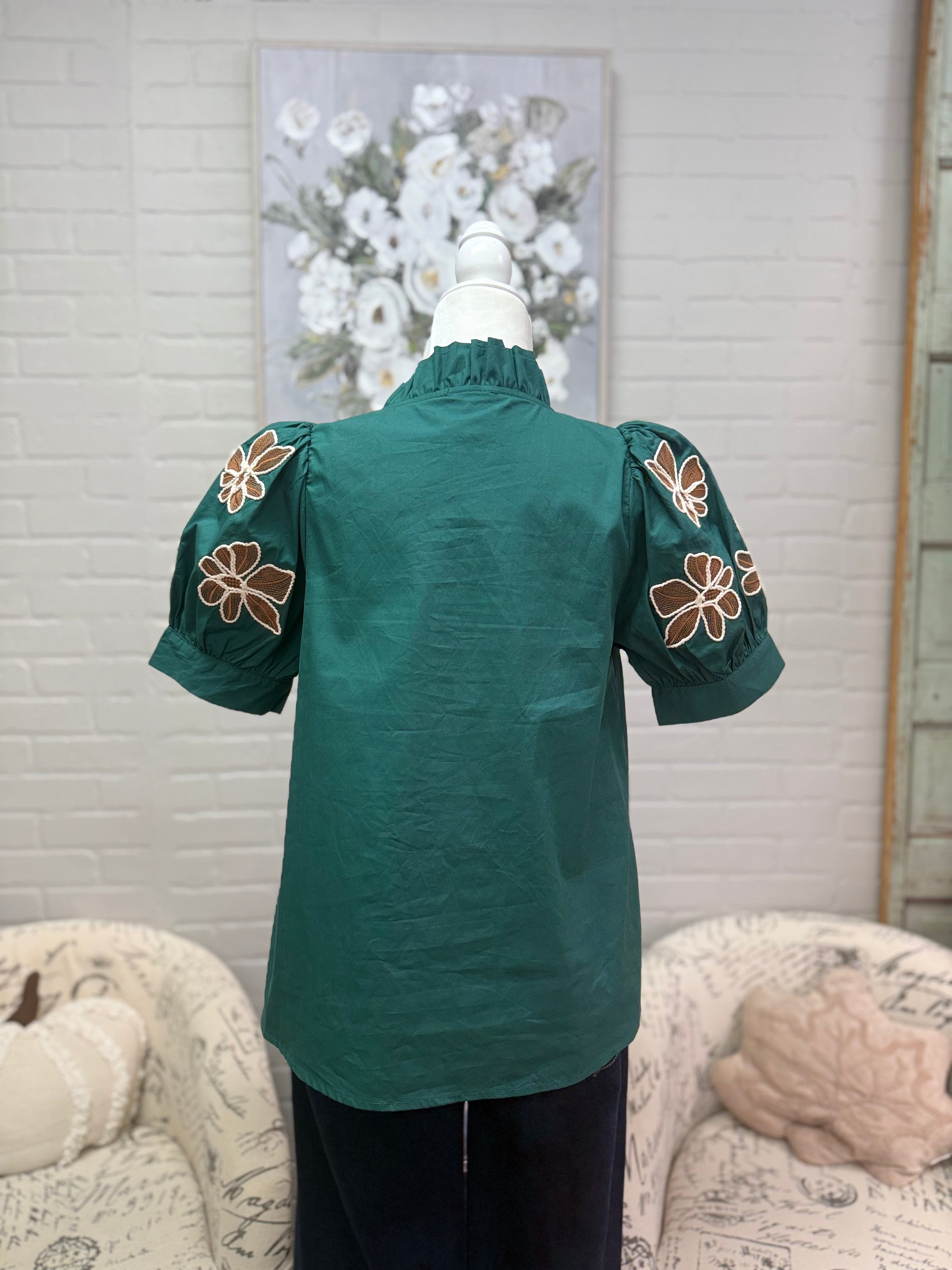 Hunter Green Floral Embroidered Top