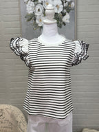 Black Striped Top w/ Flutter sleeve