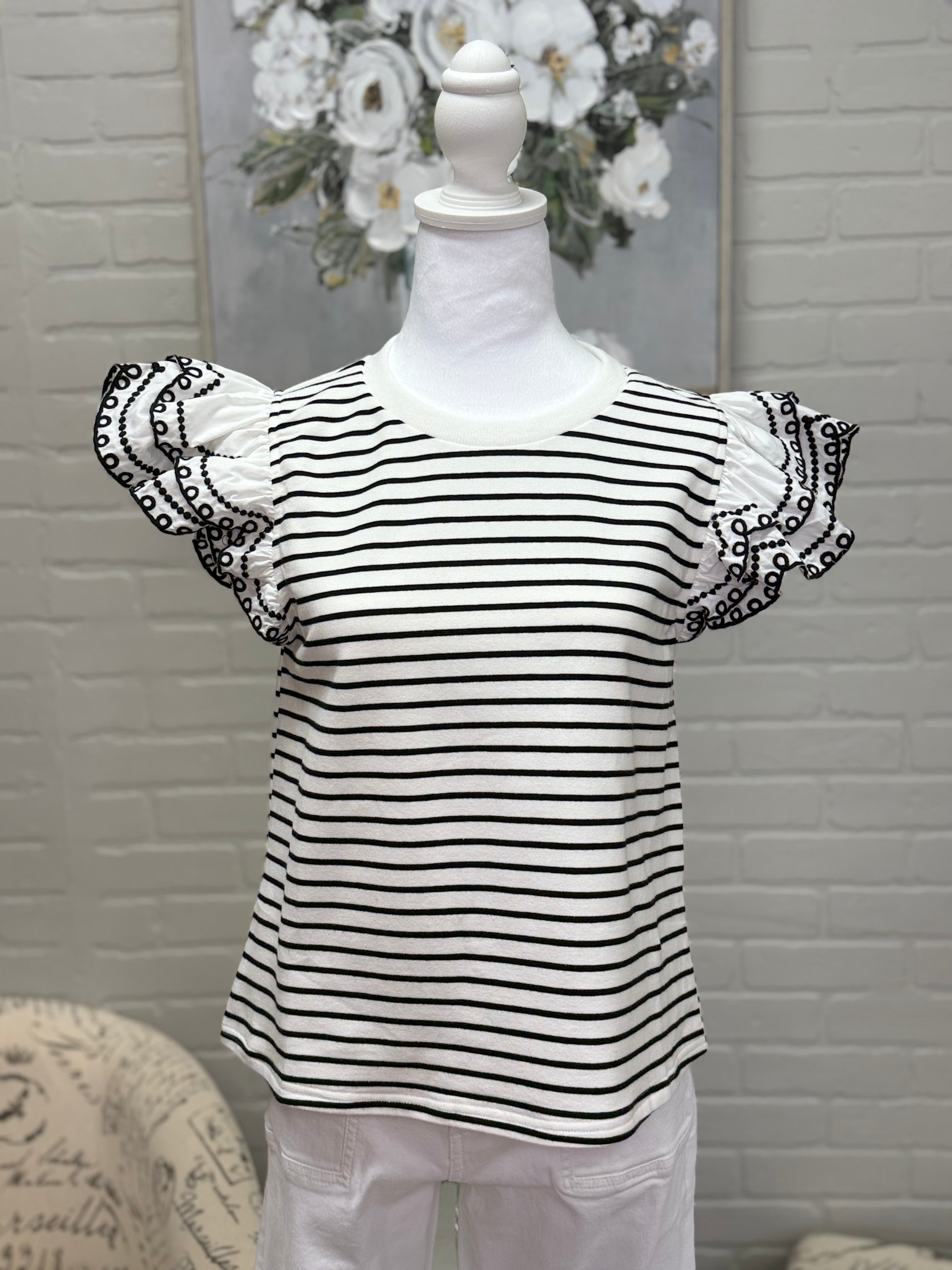 Black Striped Top w/ Flutter sleeve