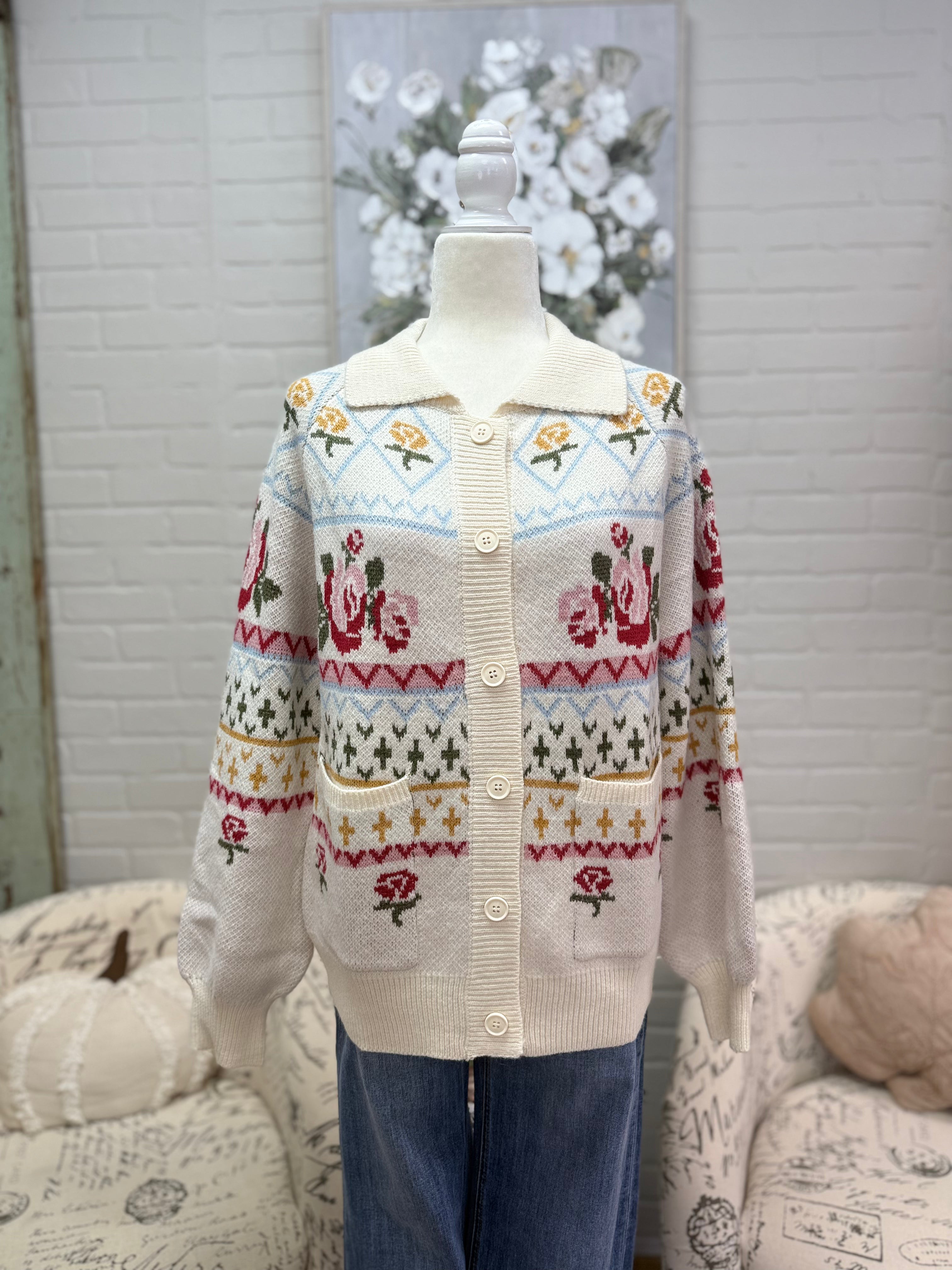 Cream Floral Collared Sweater