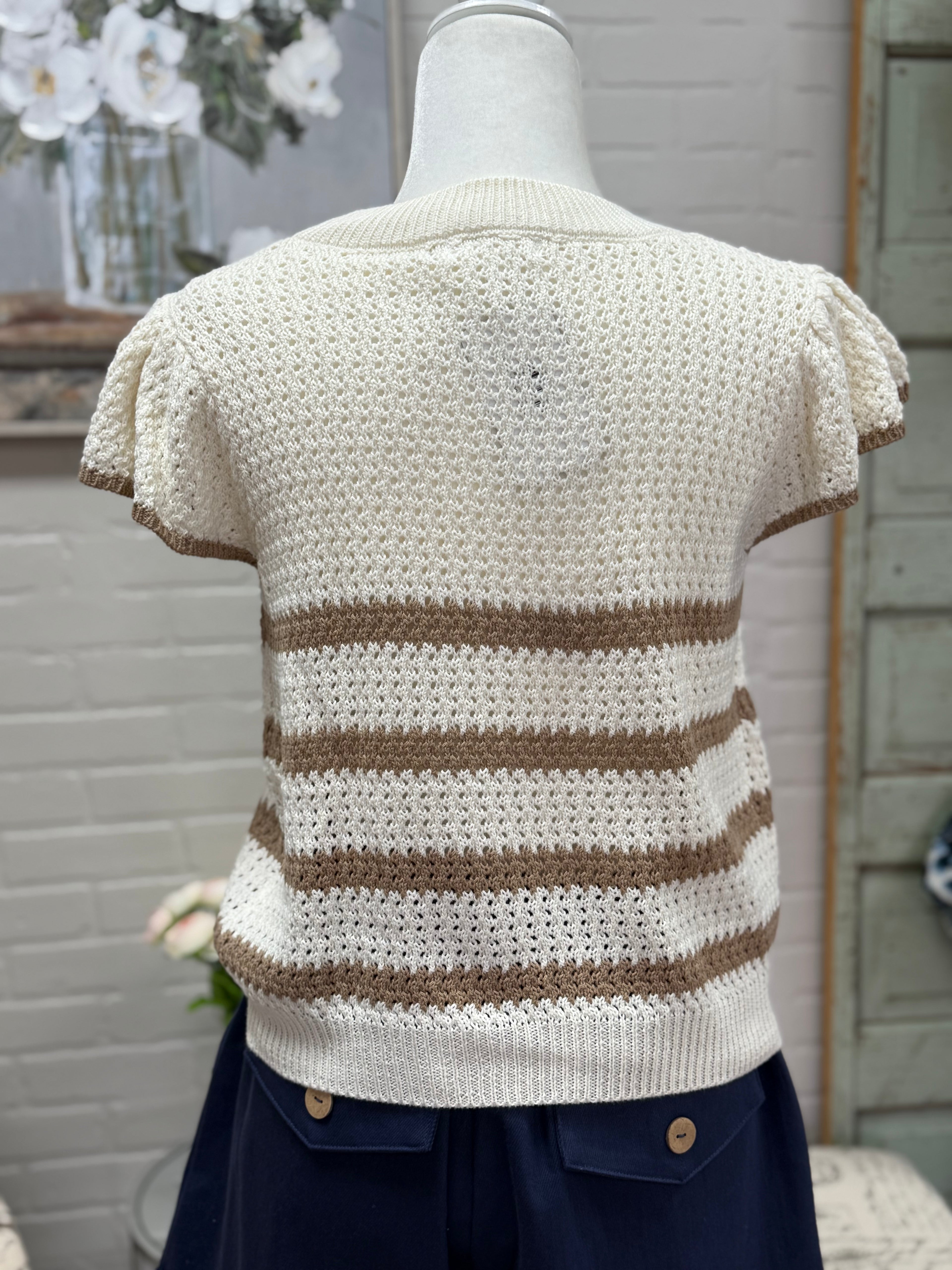 Taupe Stripe Crochet Sweater