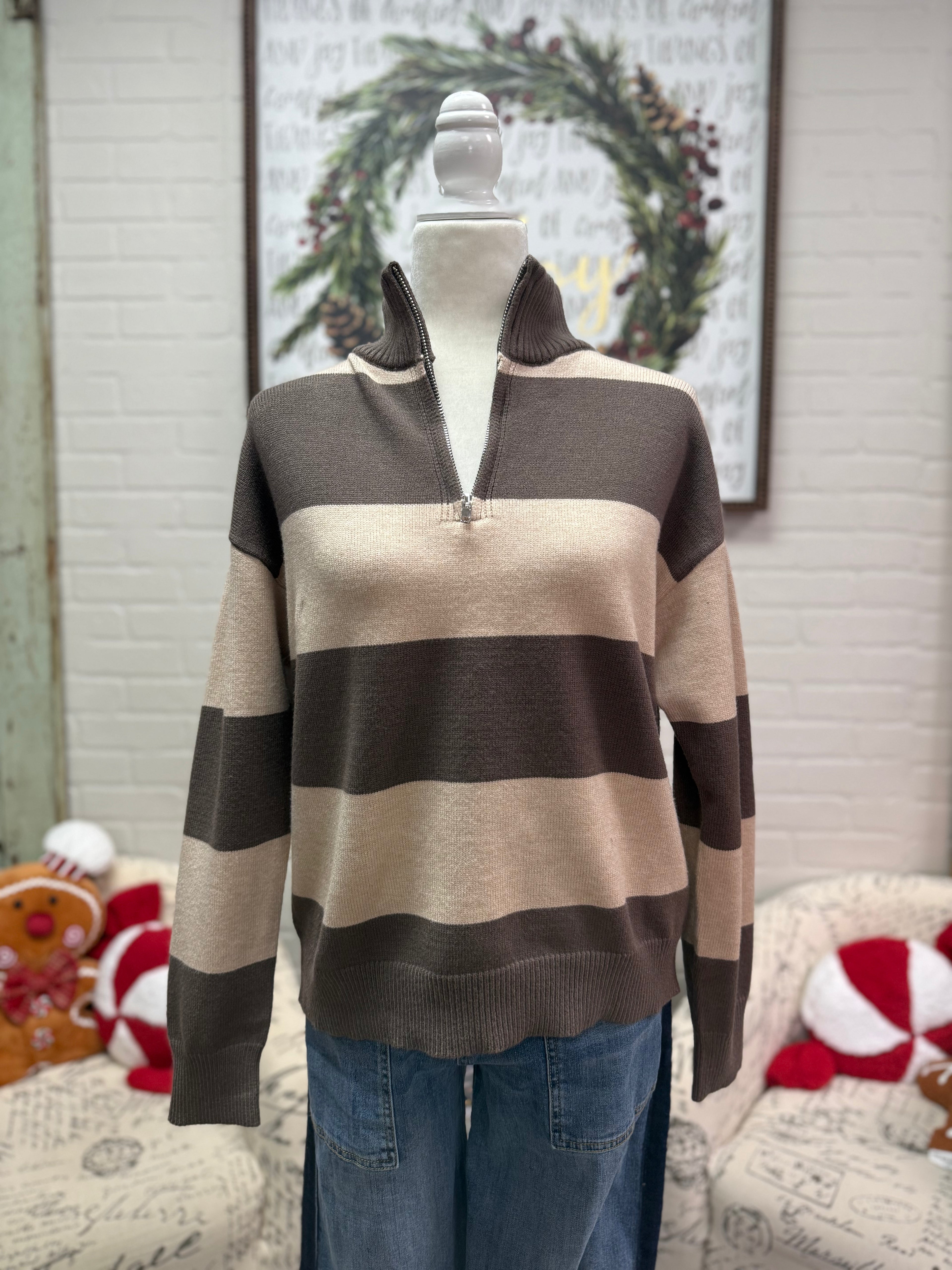 Mocha Striped Half-Zip Sweater