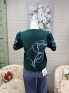 Green Floral Puff Sleeve Sweater