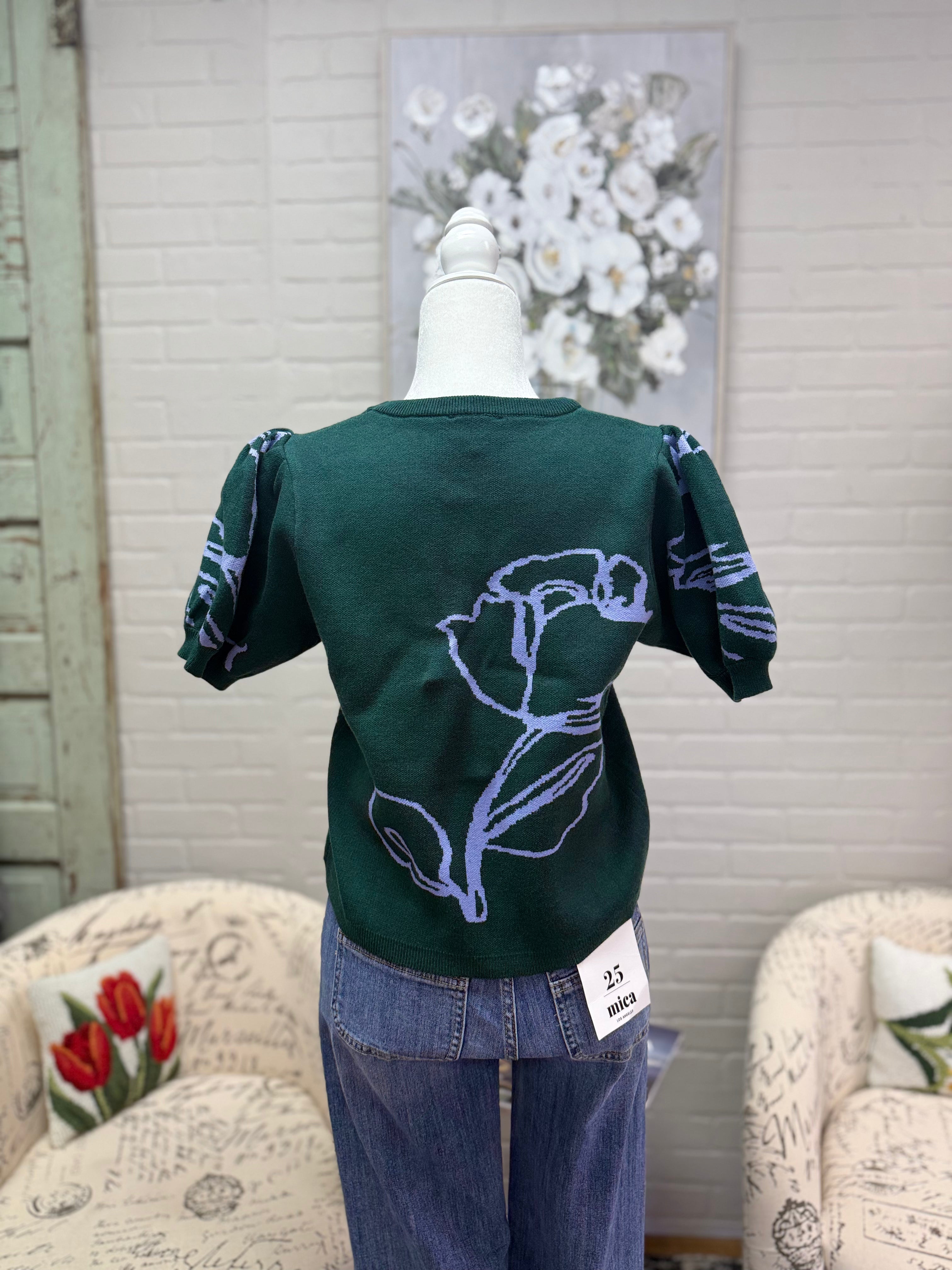 Green Floral Puff Sleeve Sweater