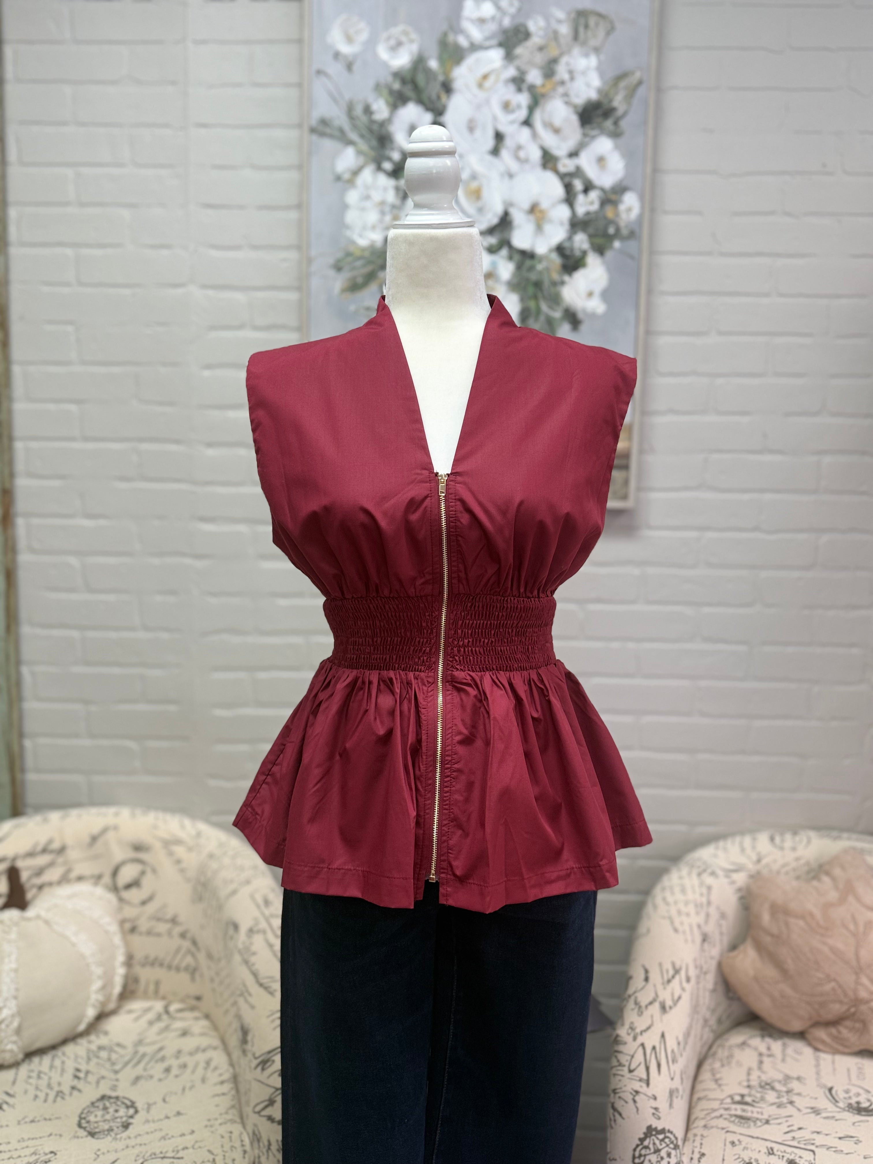 Burgandy Zip Peplum Top