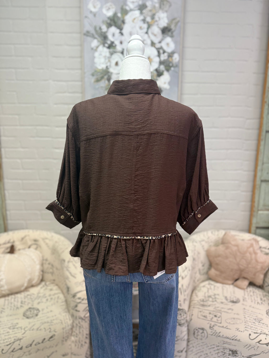 Brown Button Down w/ Ruffle Hem