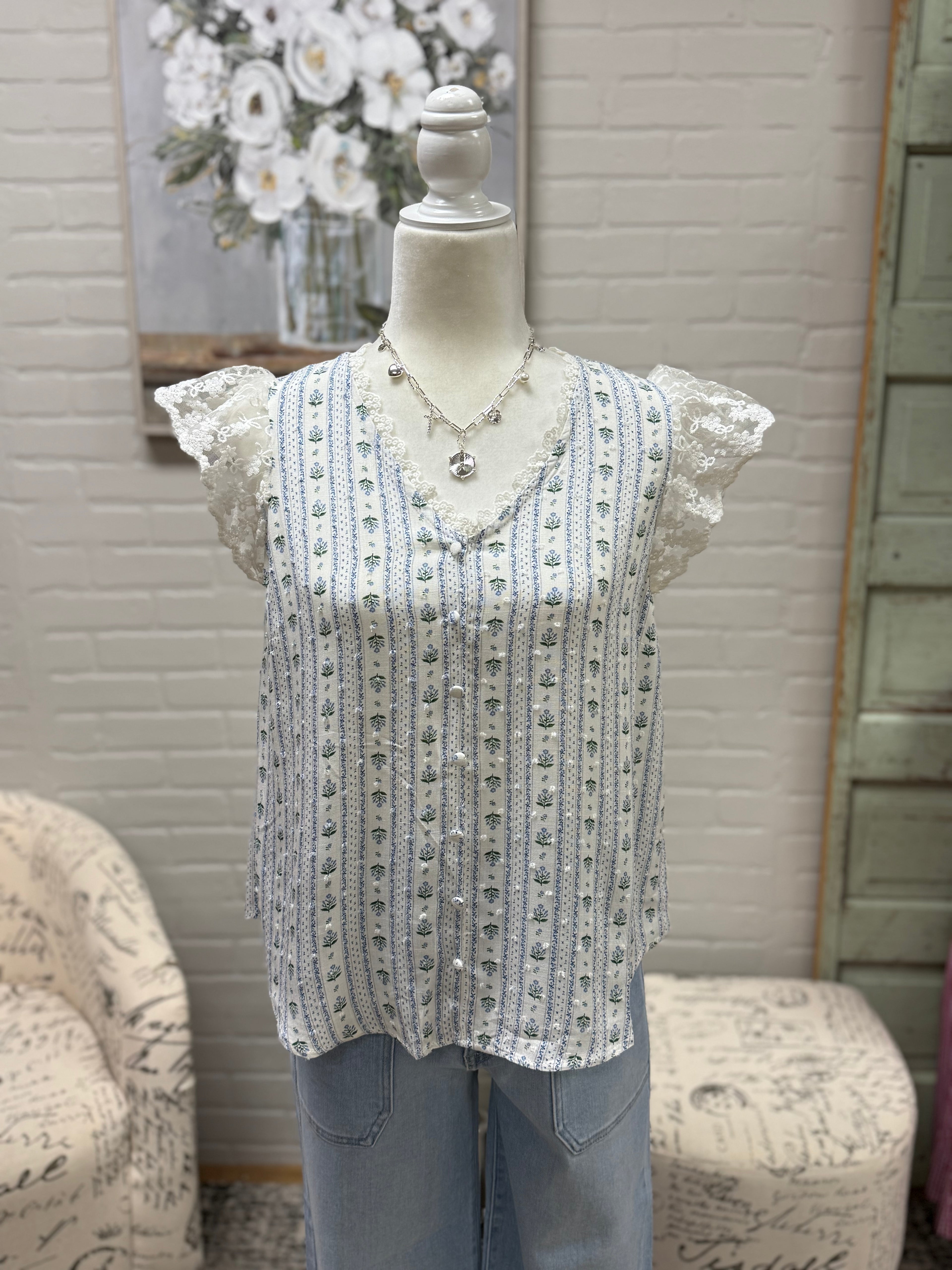 Blue Floral Lace Trim Blouse