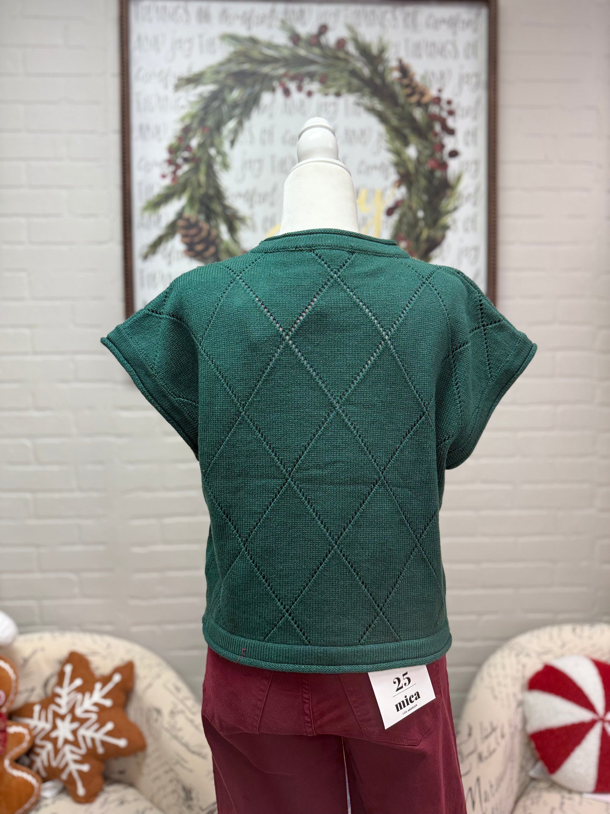 Green Short Sleeve Sweater With Plaid Bows