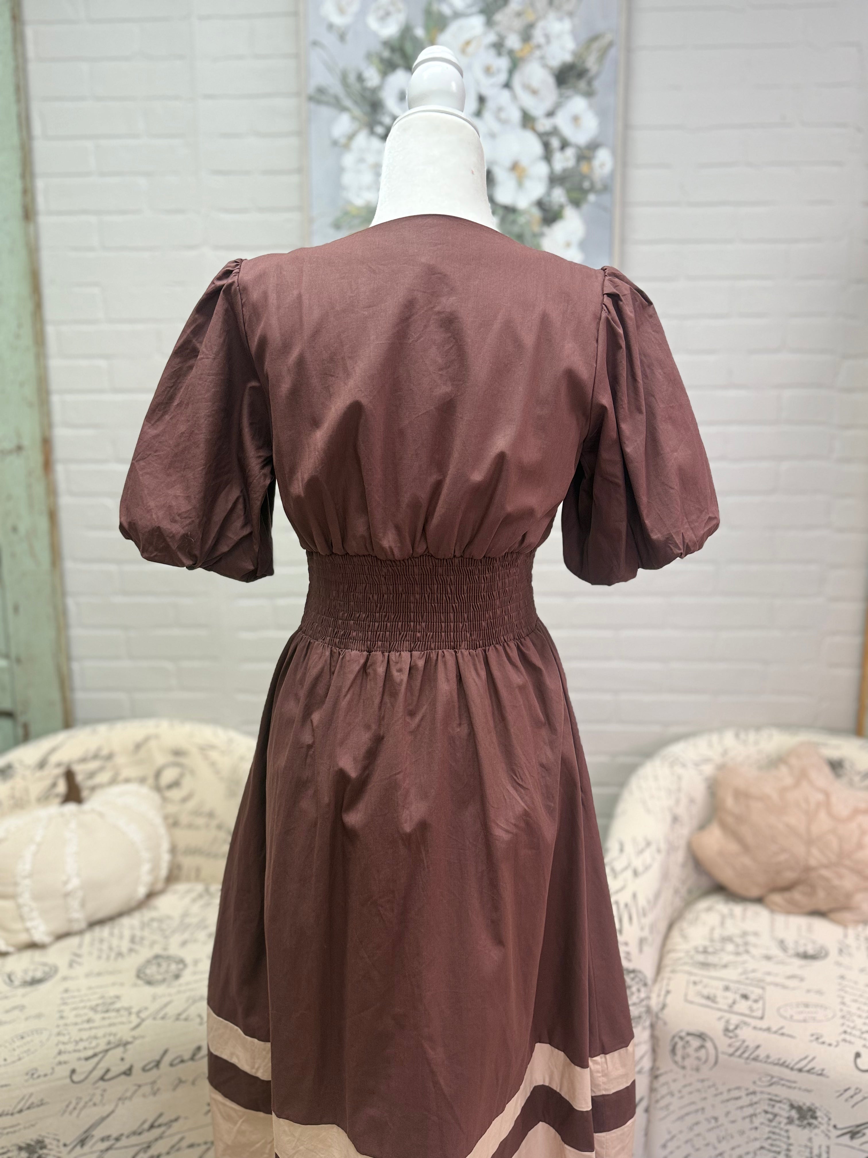 Brown Bubble Sleeve Zip Dress