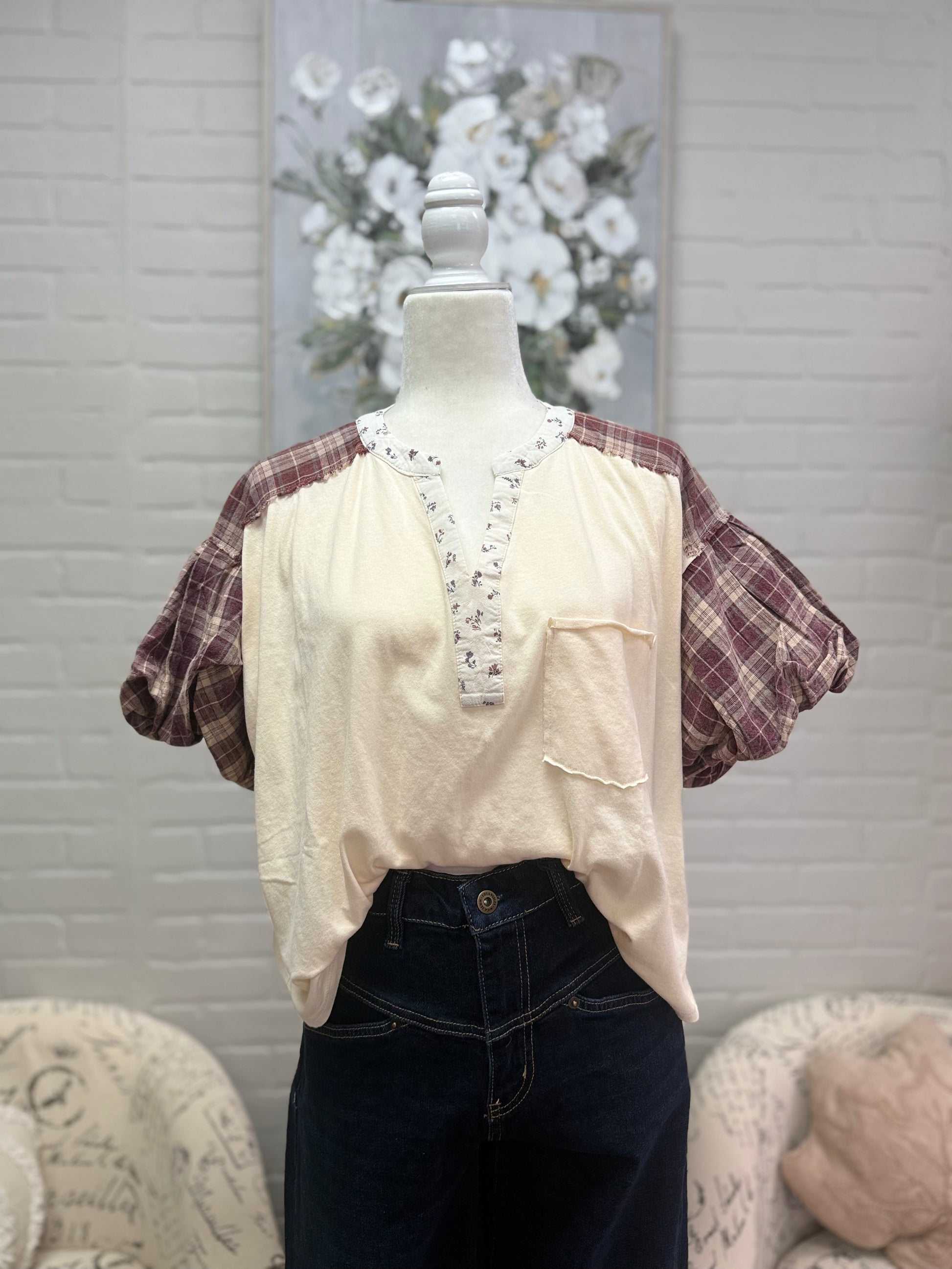 Berry Plaid Puff Sleeve Top