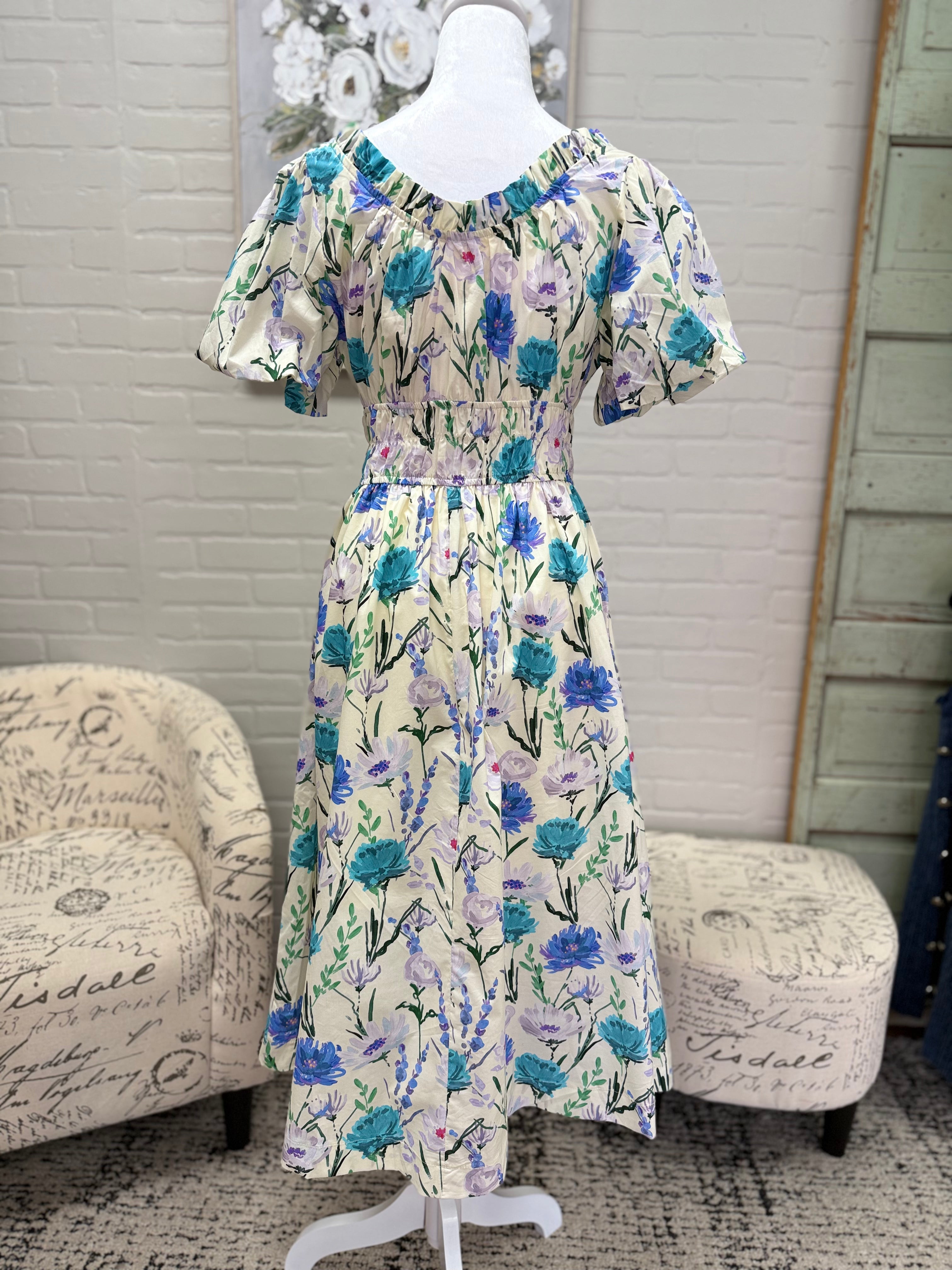 Cream Floral Puff Sleeve Midi