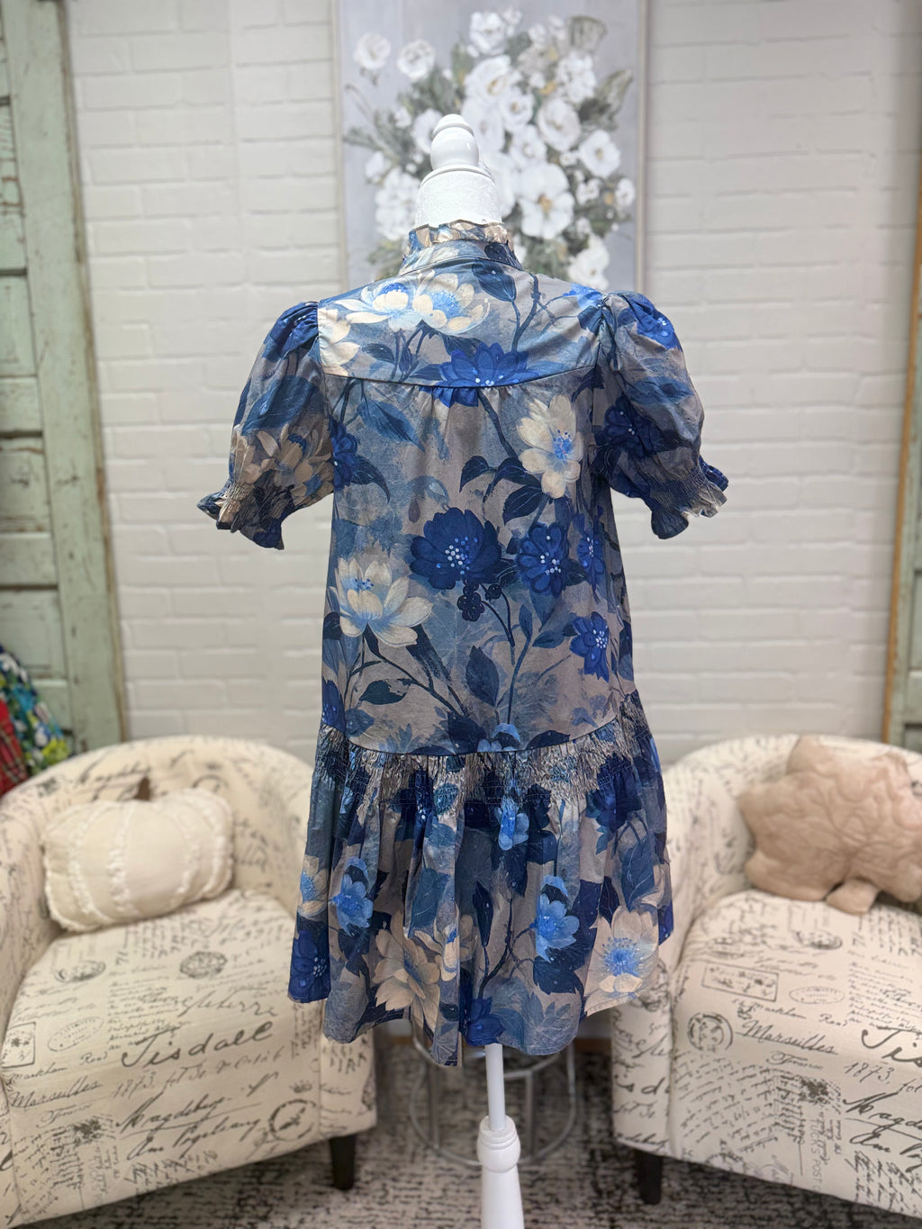Indigo Floral Smocked Dress