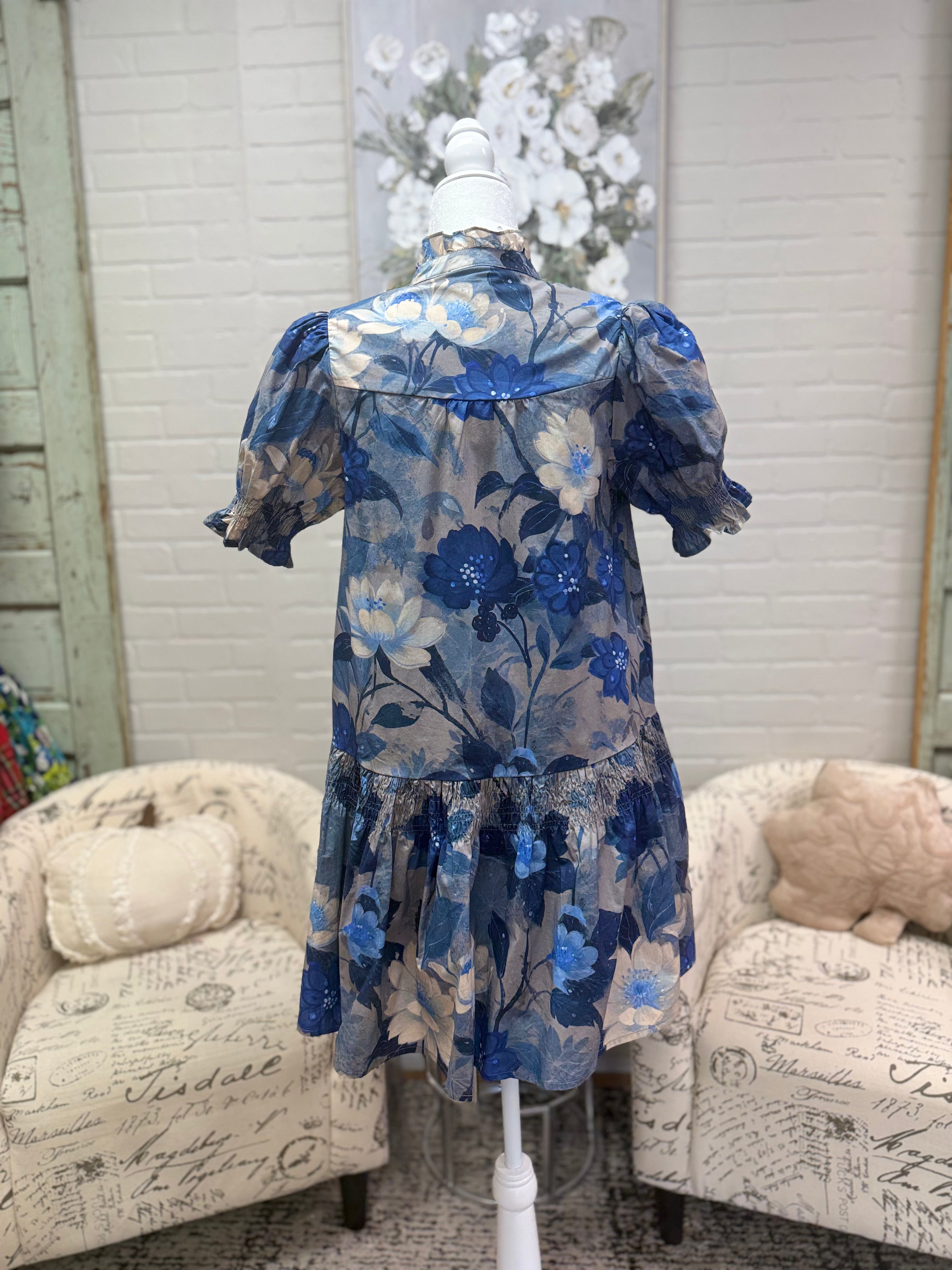 Indigo Floral Smocked Dress