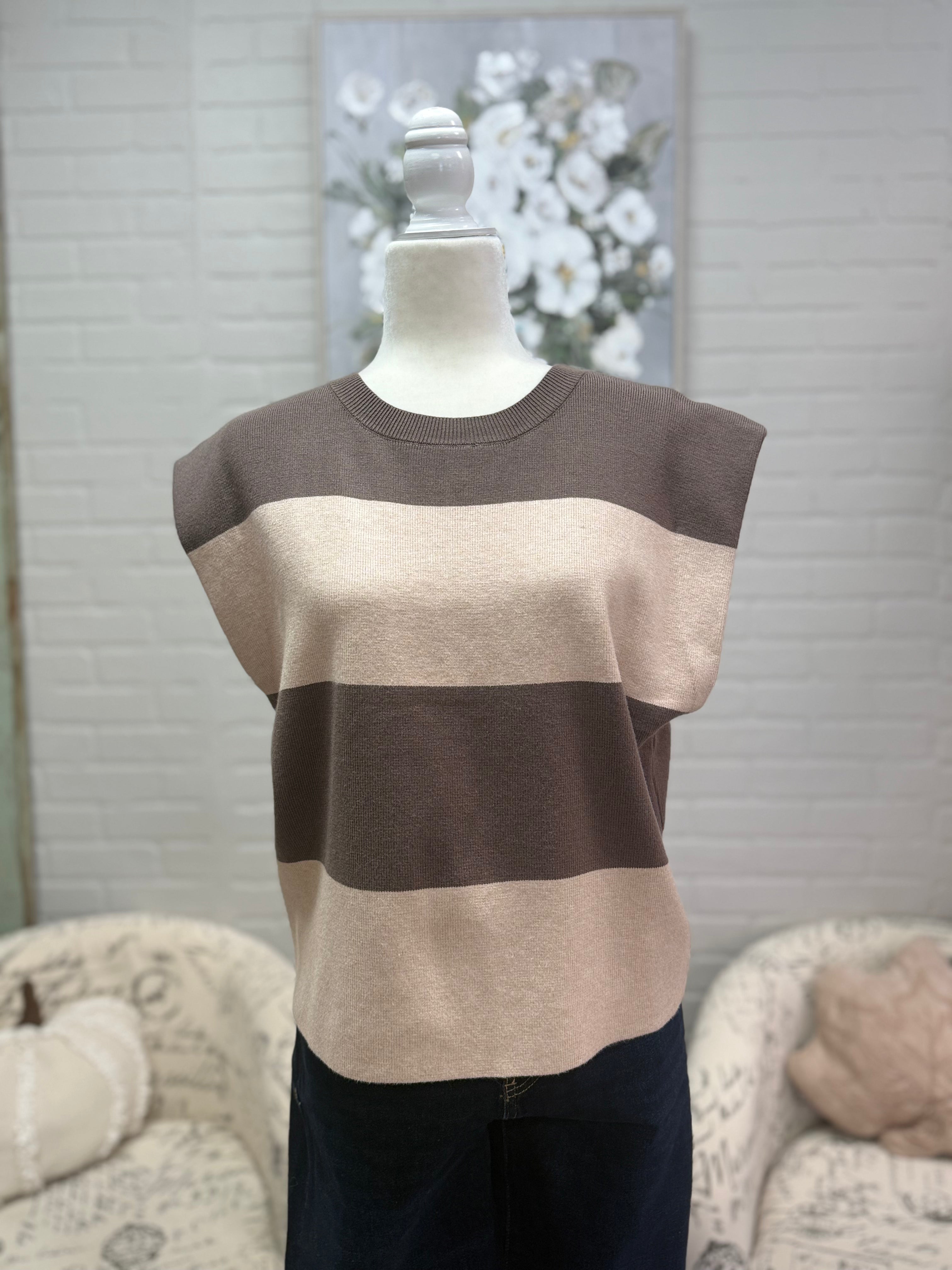 Mocha Stripe Sleeveless Sweater