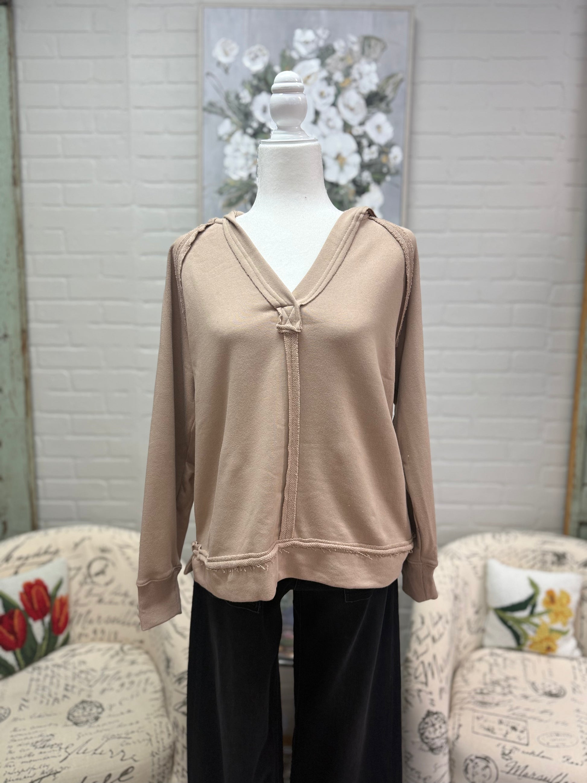 V-Neck Raw Hem Hoodie