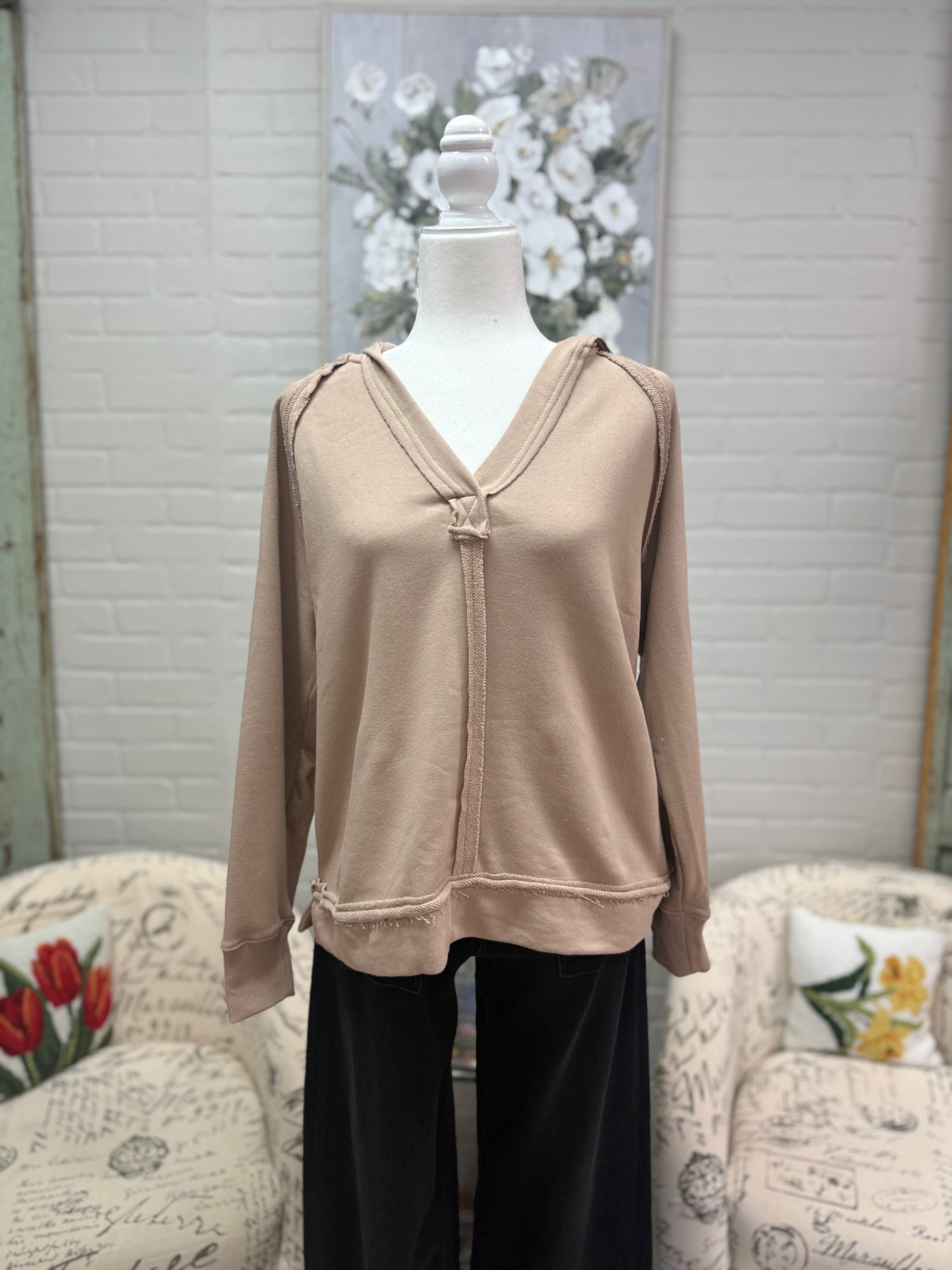 V-Neck Raw Hem Hoodie