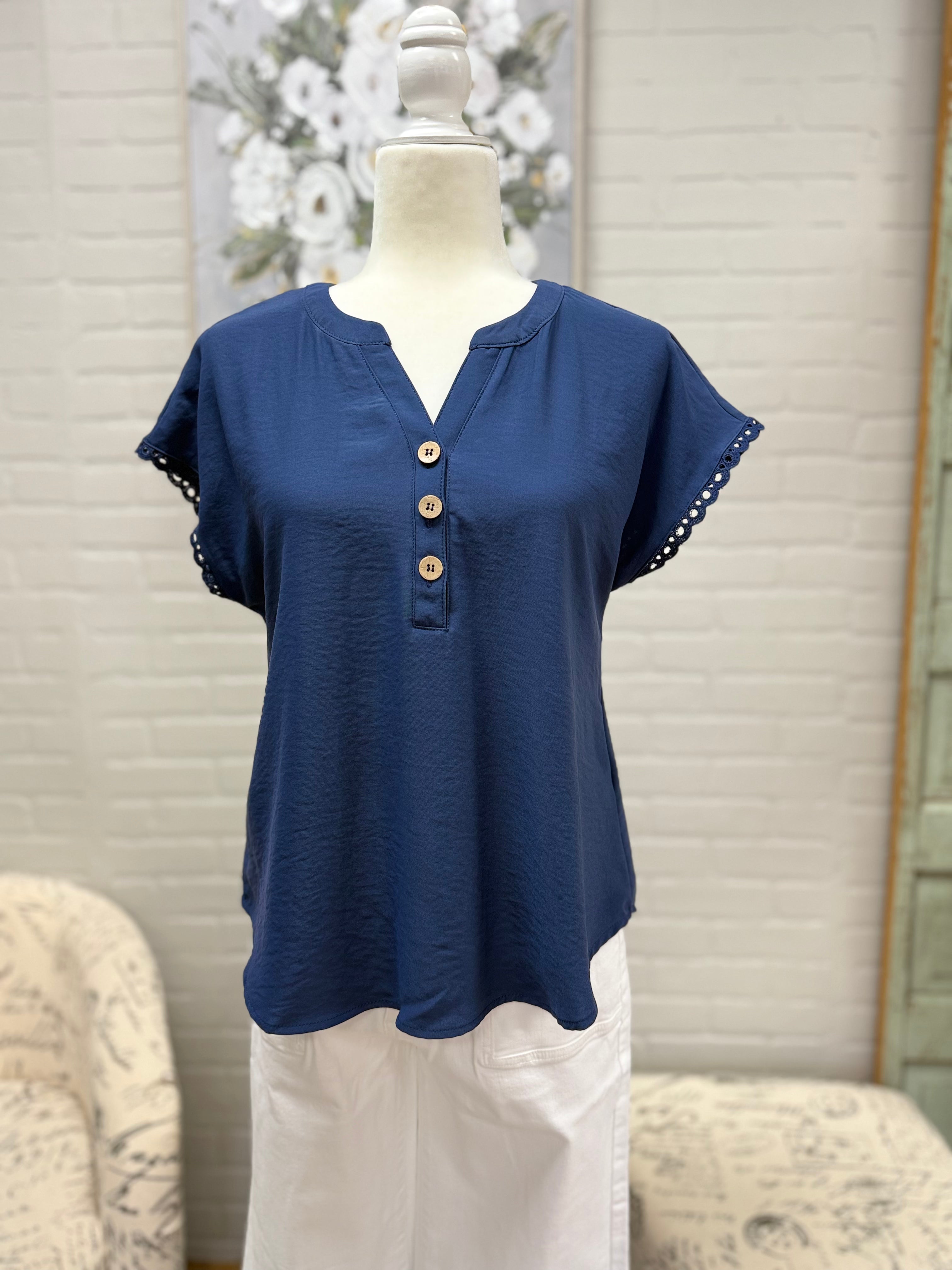 Navy Scallop Lace Trim Henley
