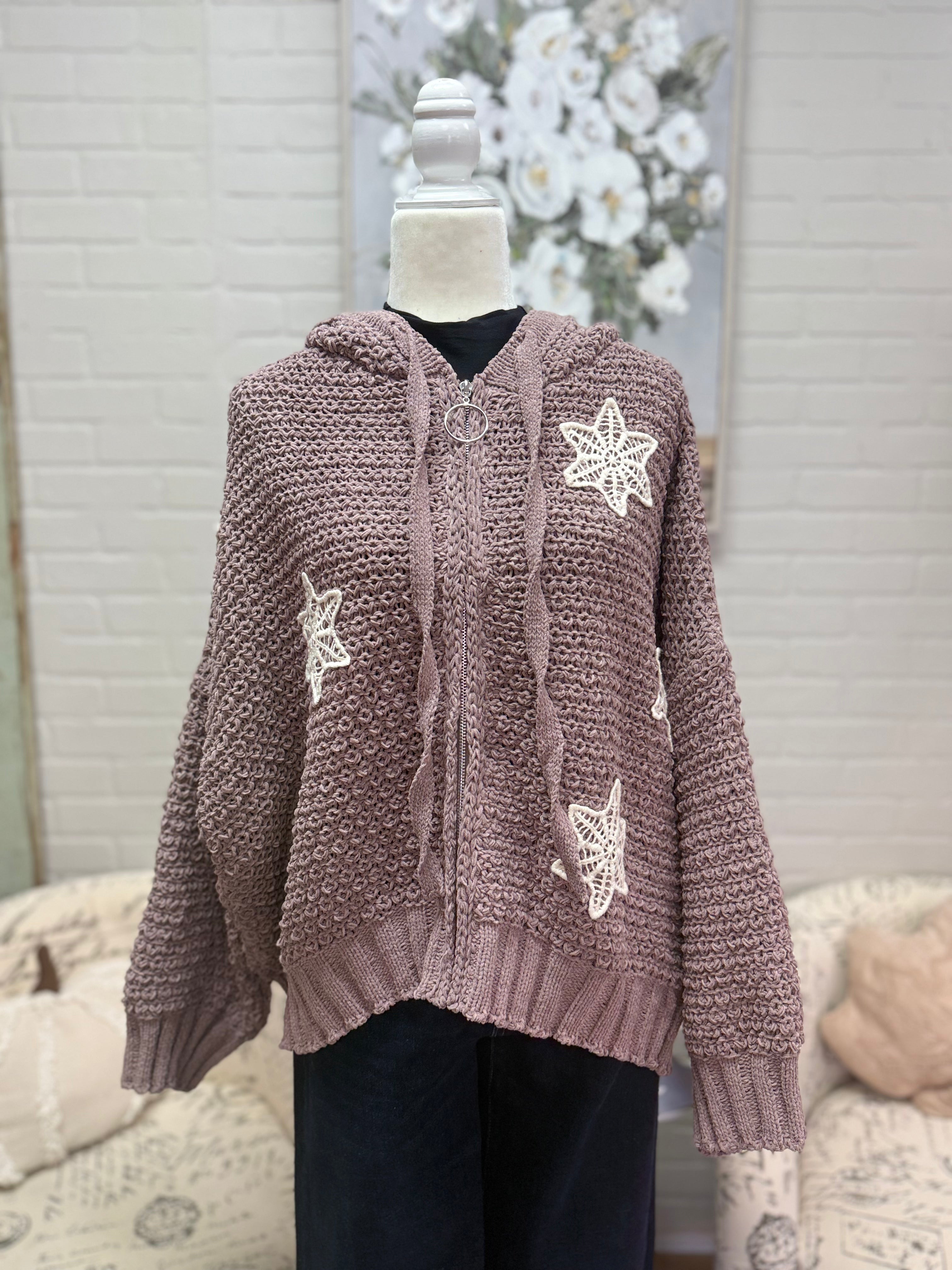 Mocha Crochet Zip-Up Hoodie