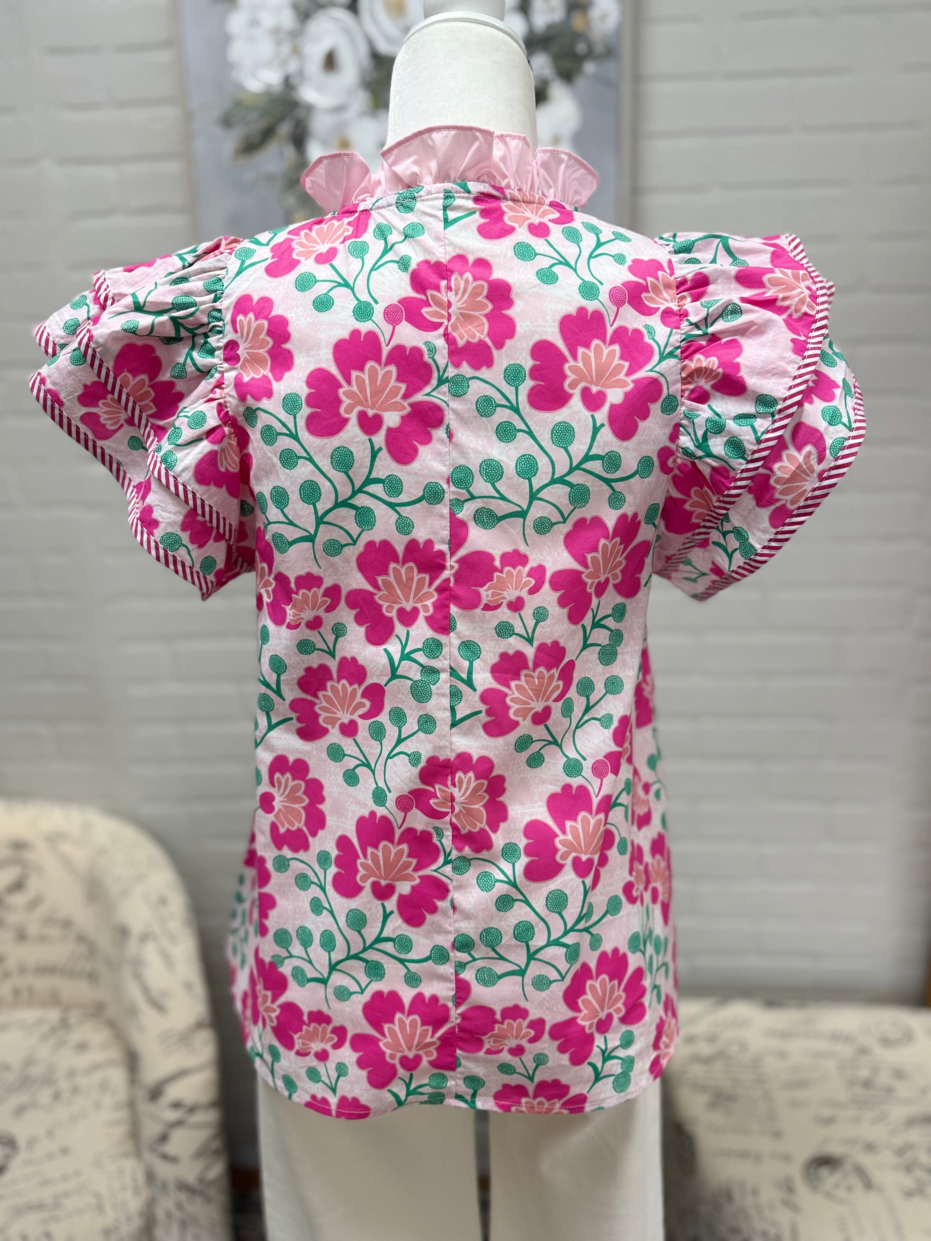 Pink Floral Flutter Sleeve Top
