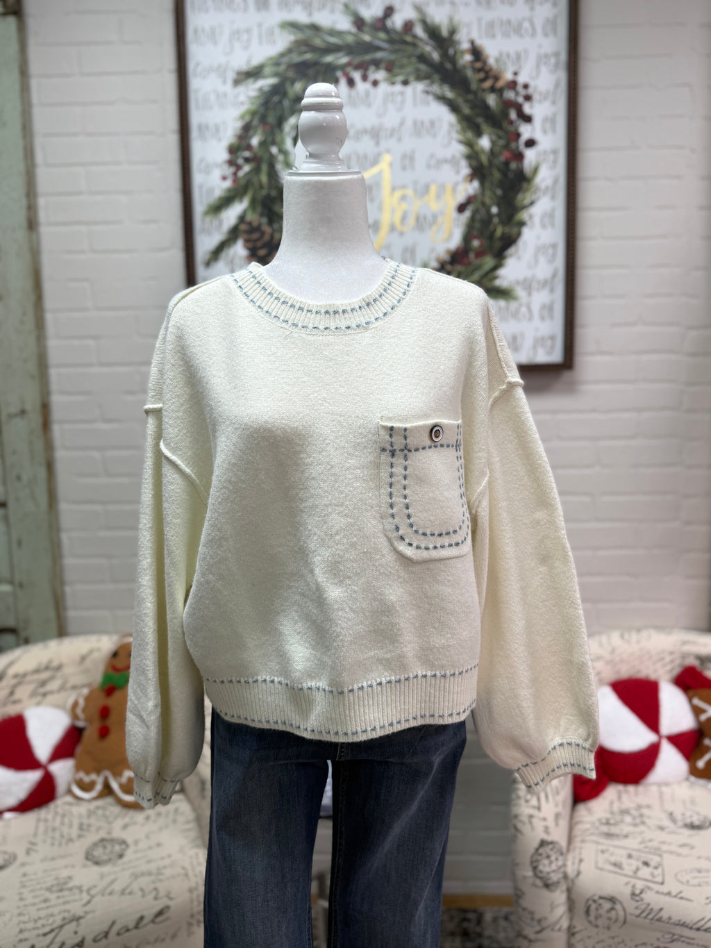 Cream Sweater w/ Blue Stitching