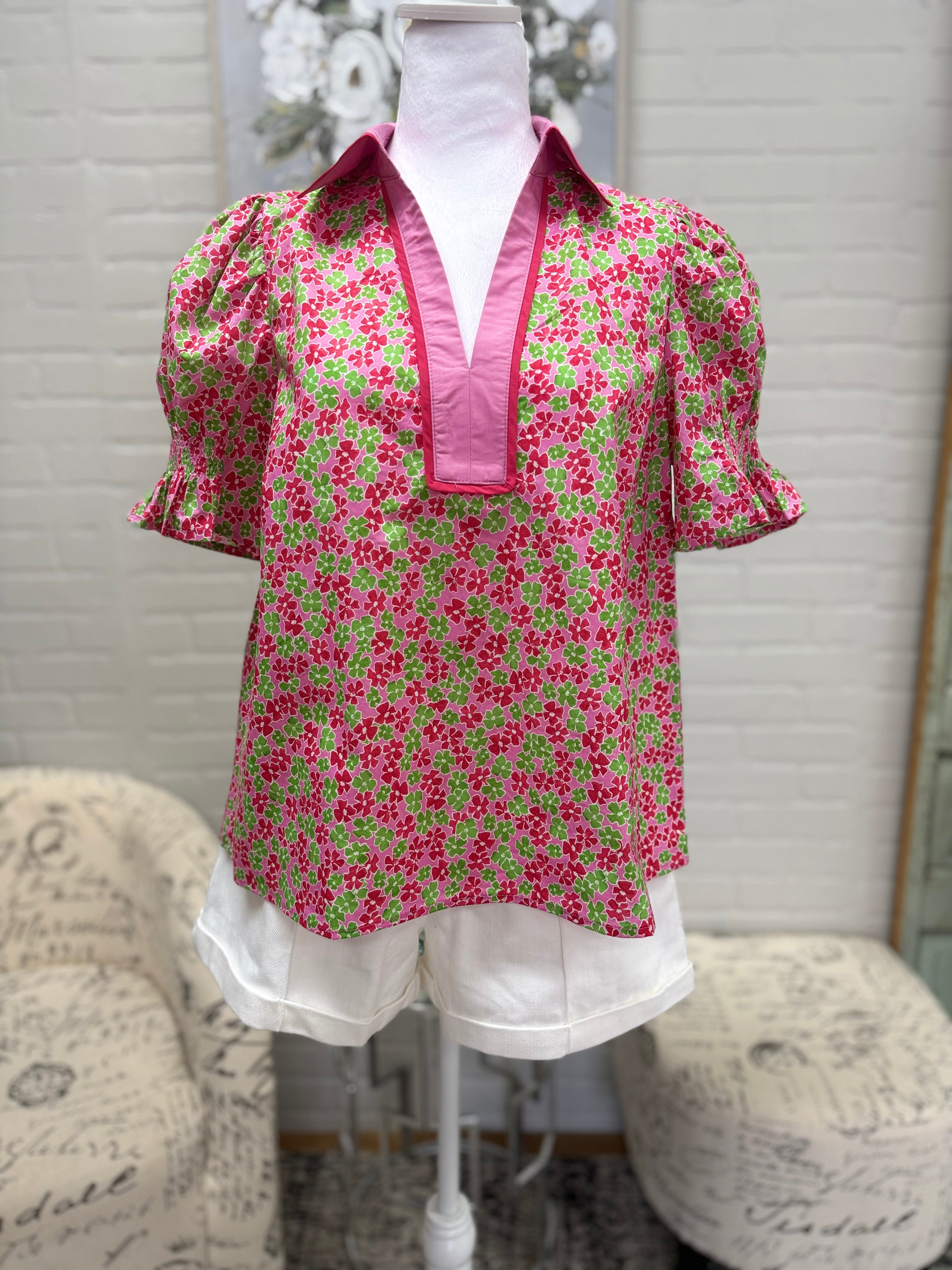 Pink Floral Puff Sleeve Top