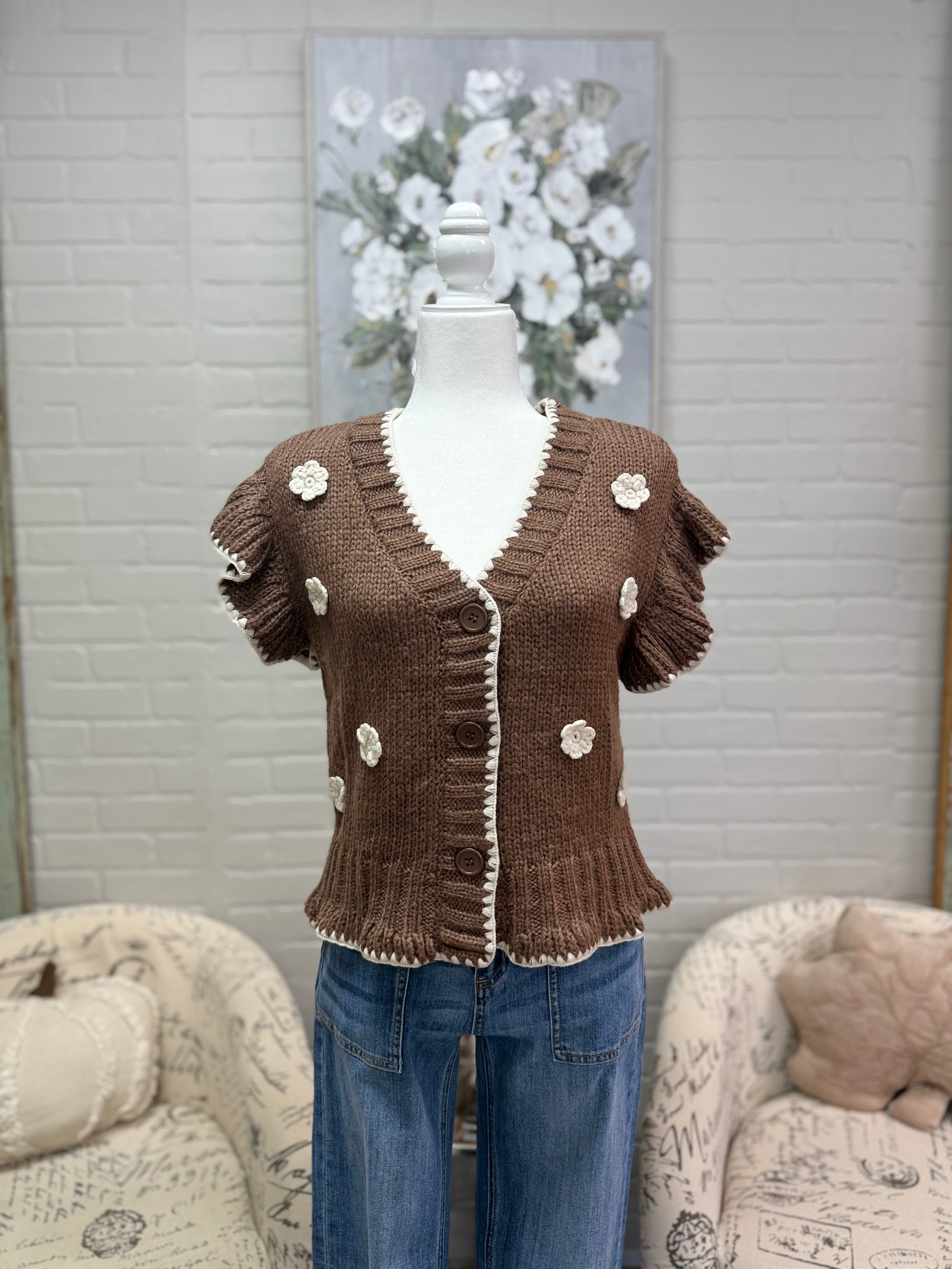 Brown Crochet Flower Cardigan