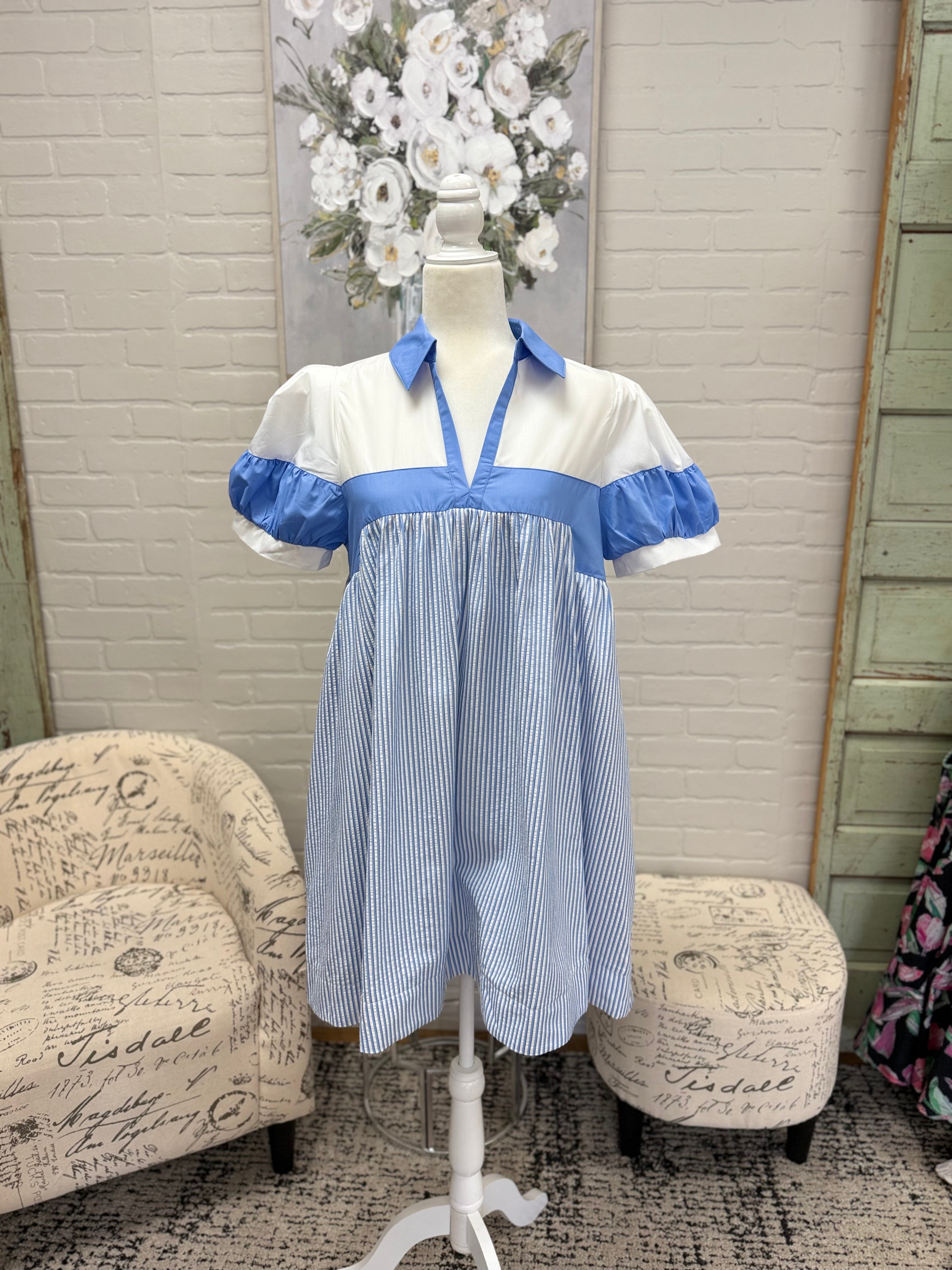 Blue Pinstriped Mini Dress