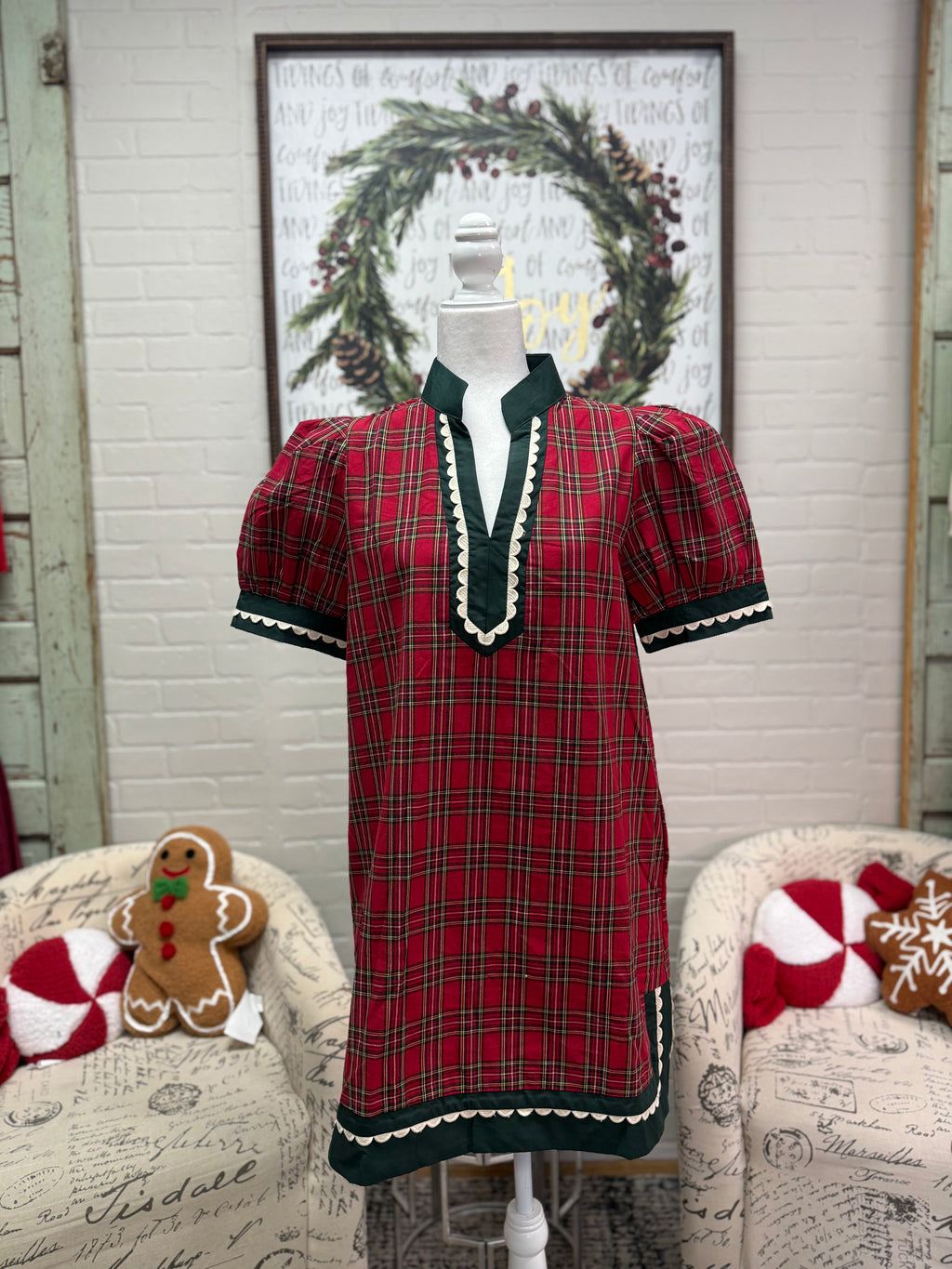 Red Plaid Contrast Trim Dress