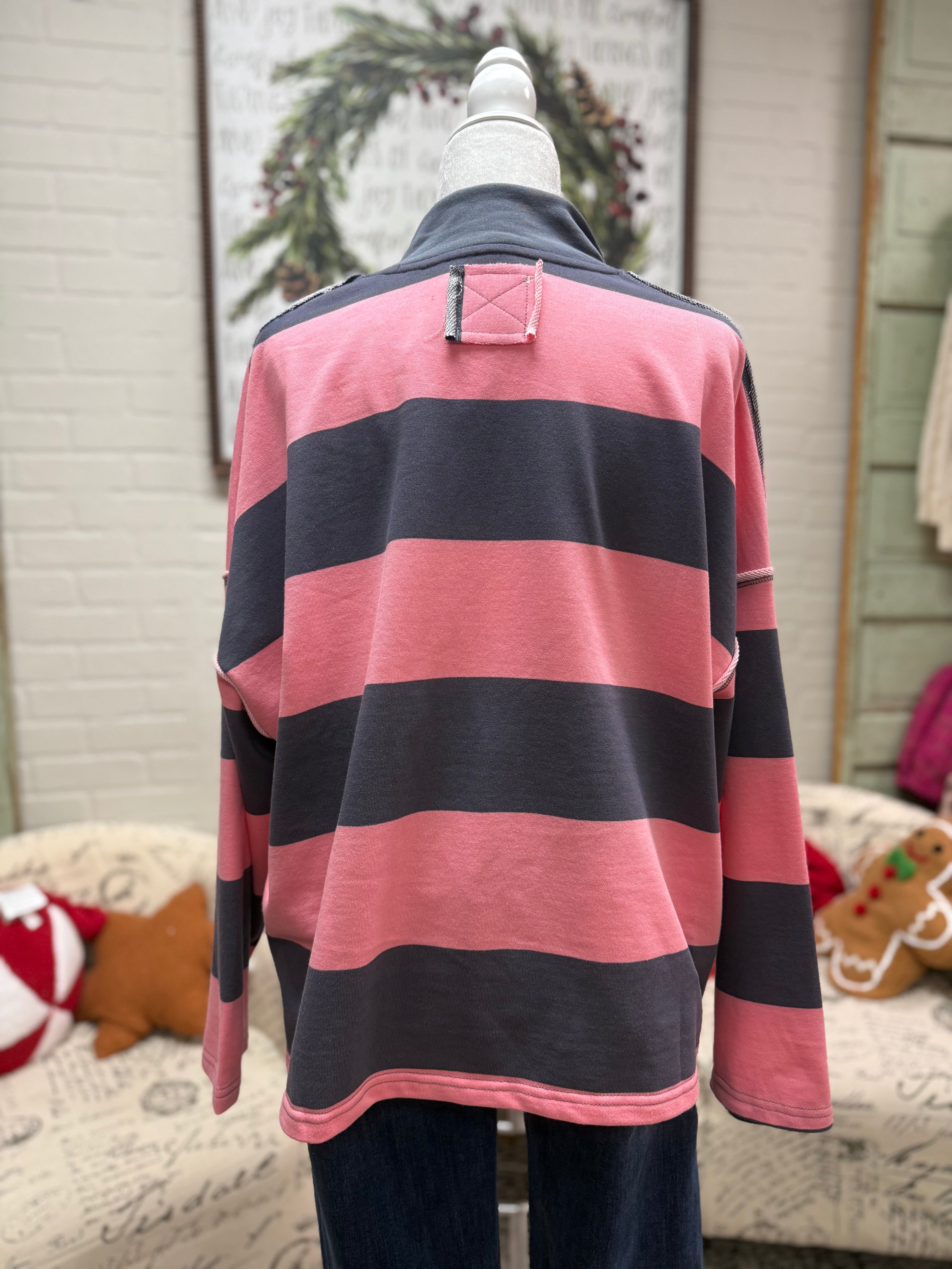 Pink & Navy Striped Half-Zip
