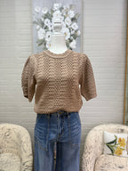 Taupe Crochet Puff Sleeved Sweater