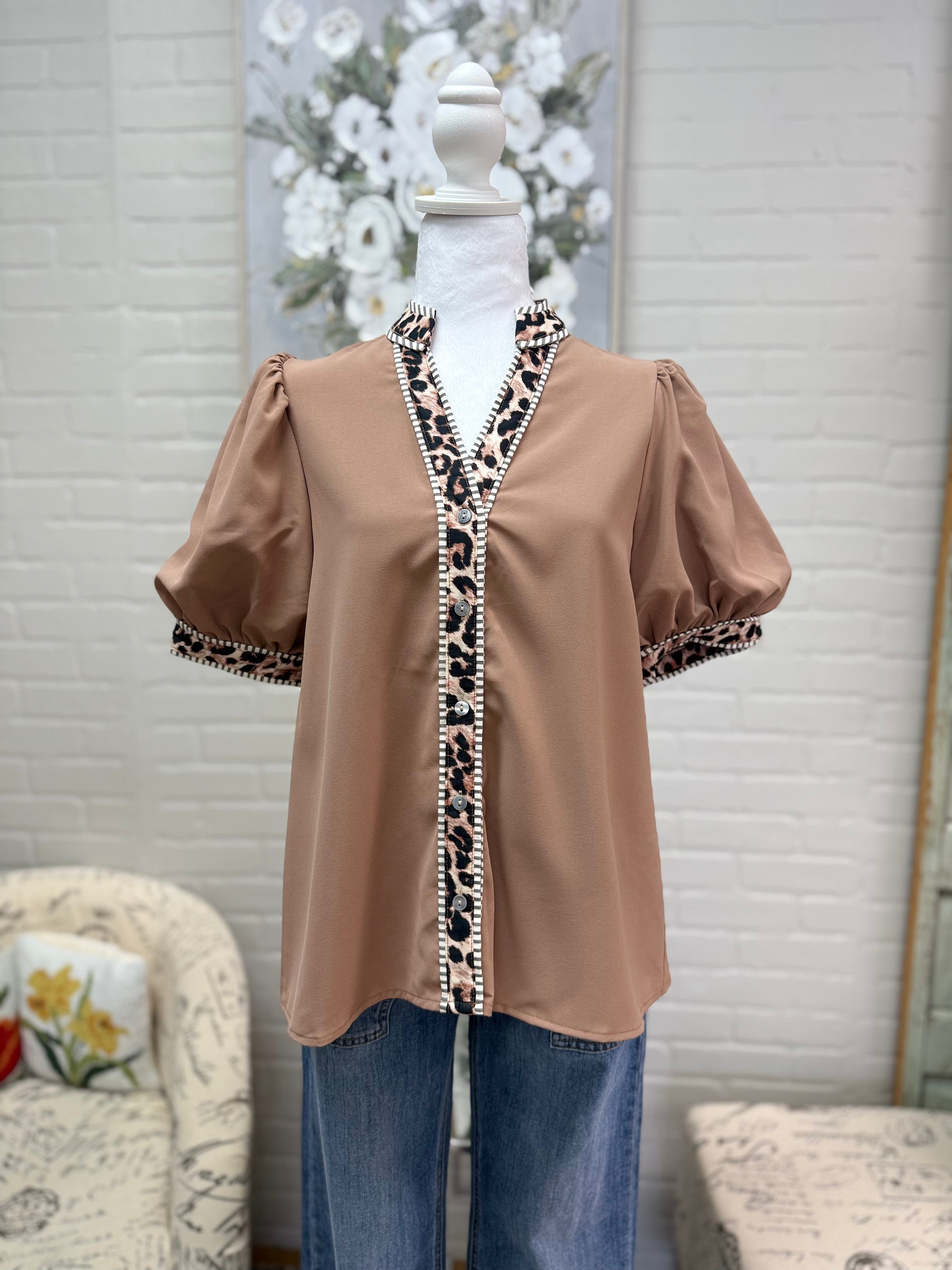 Mocha Leopard Trim Top