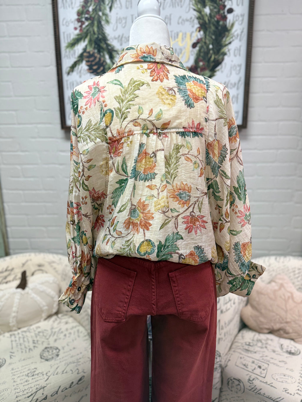 Ecru Floral Print Button Down