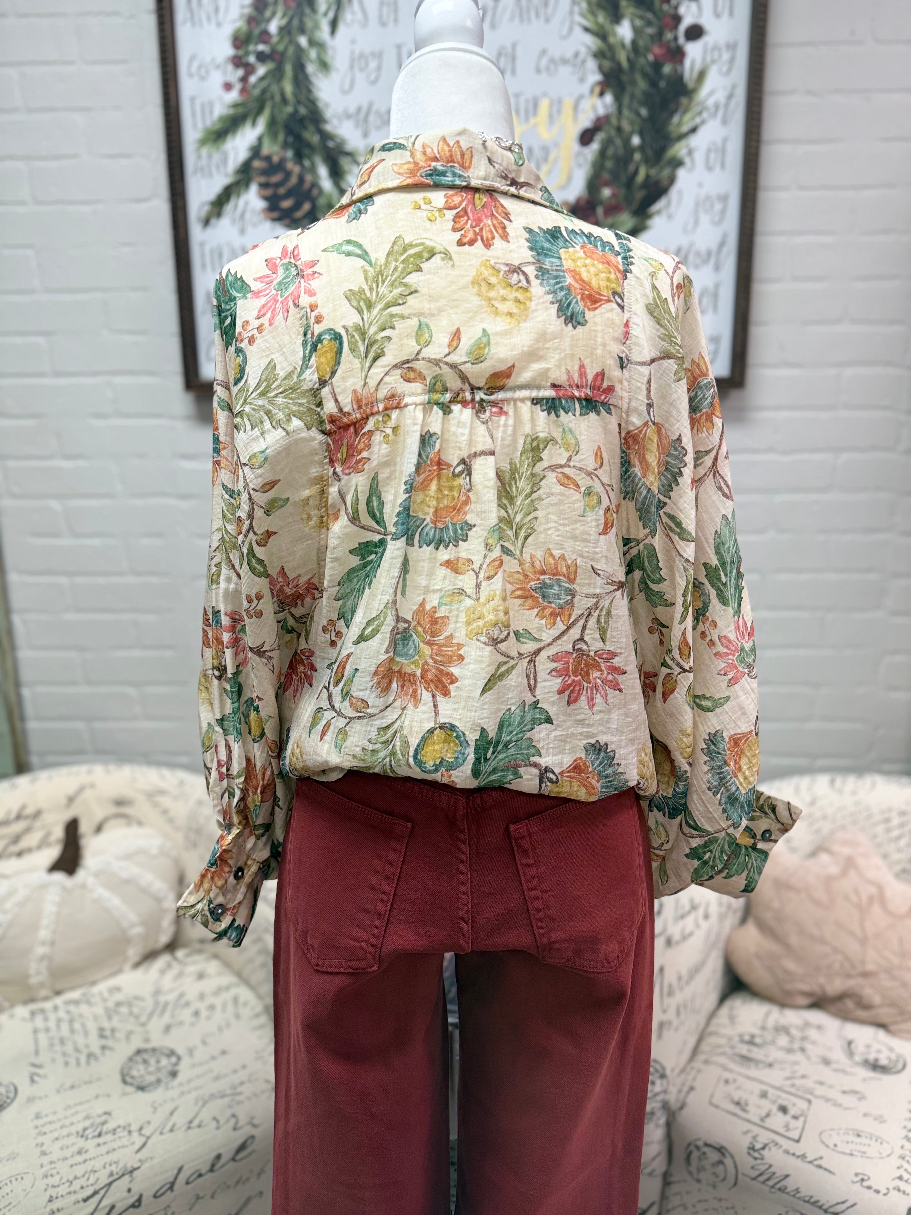 Ecru Floral Print Button Down