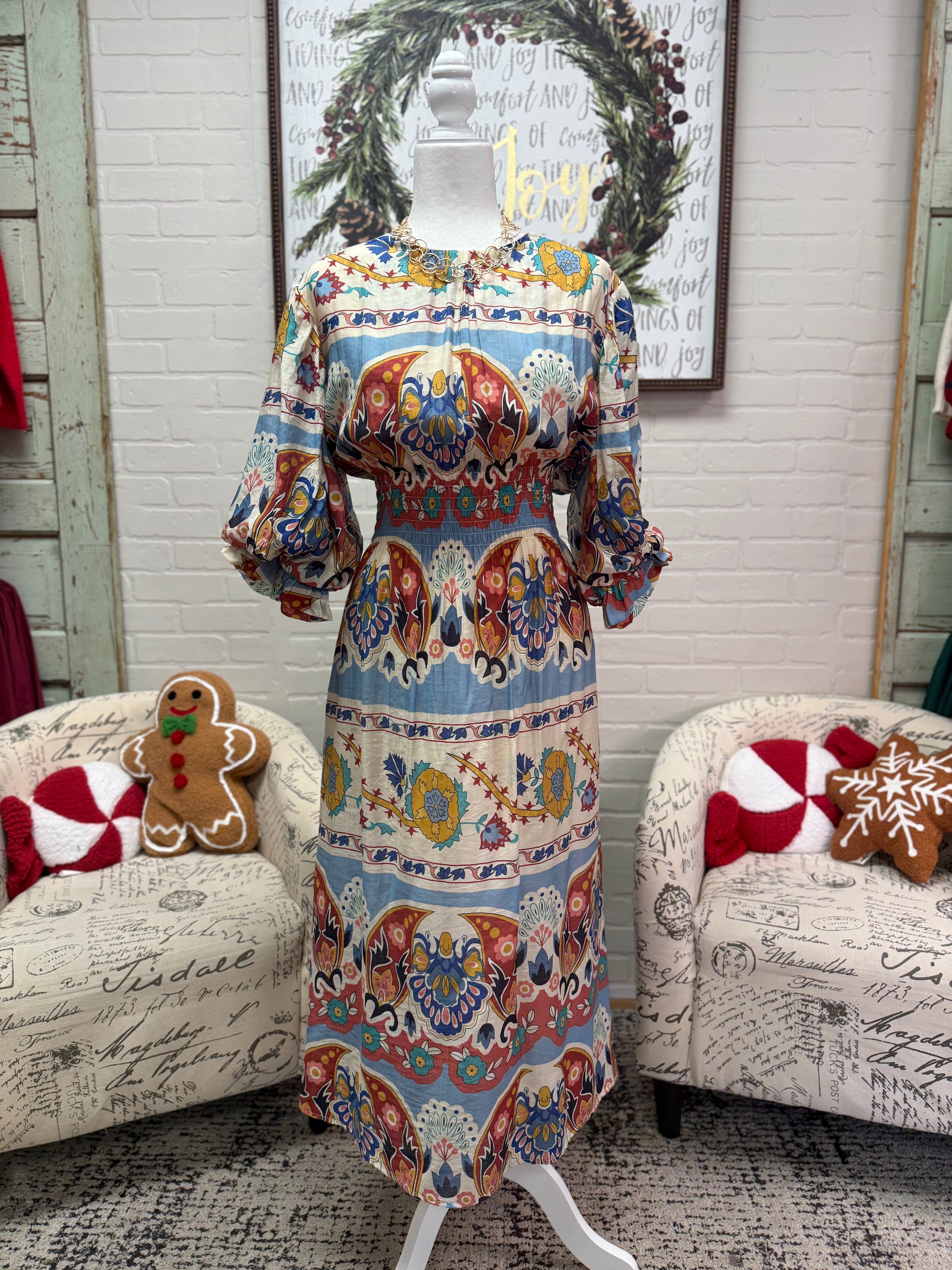 Colorful Midi Dress With Smocked Waist