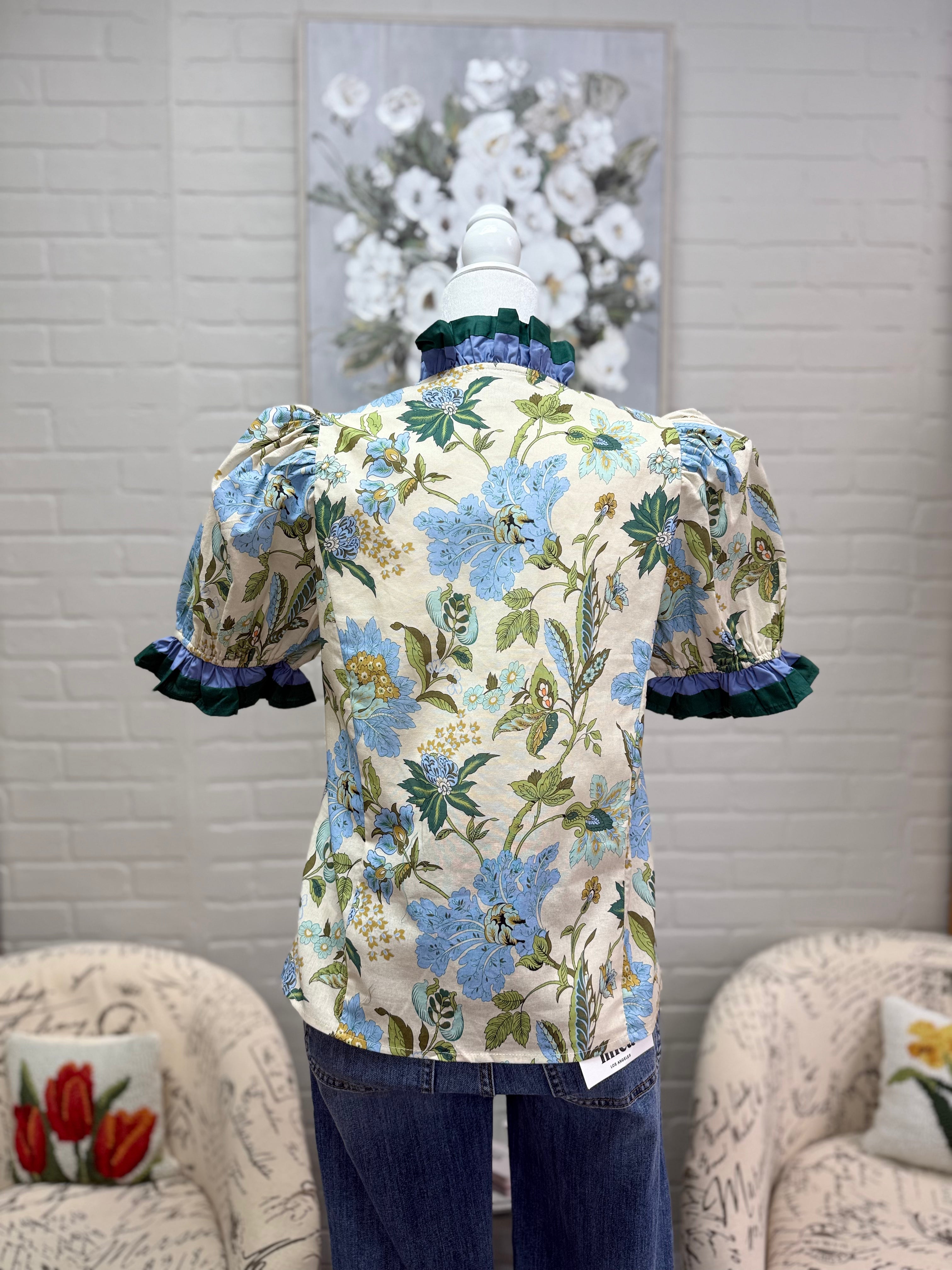 Cream & Blue Floral Top