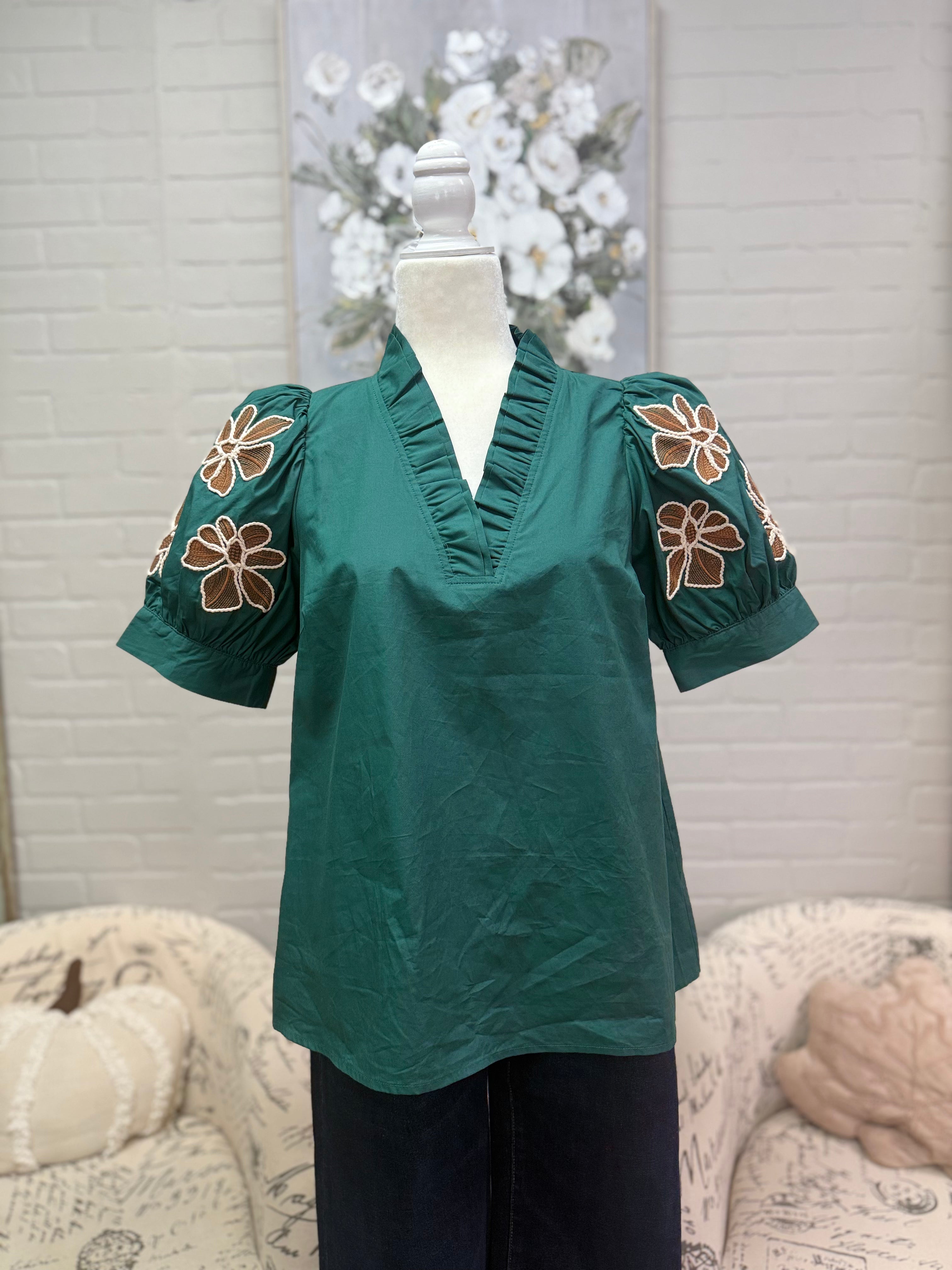 Hunter Green Floral Embroidered Top