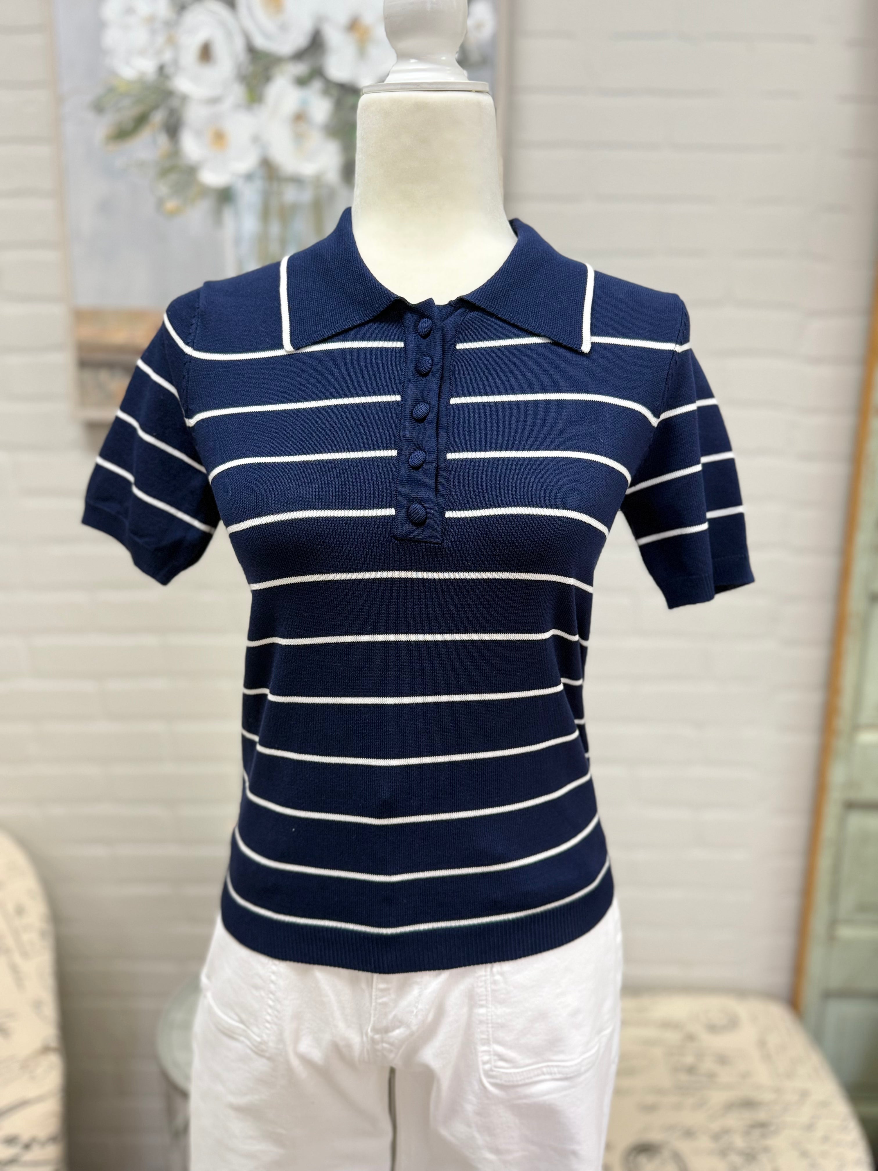 Navy Stripe Knit Polo