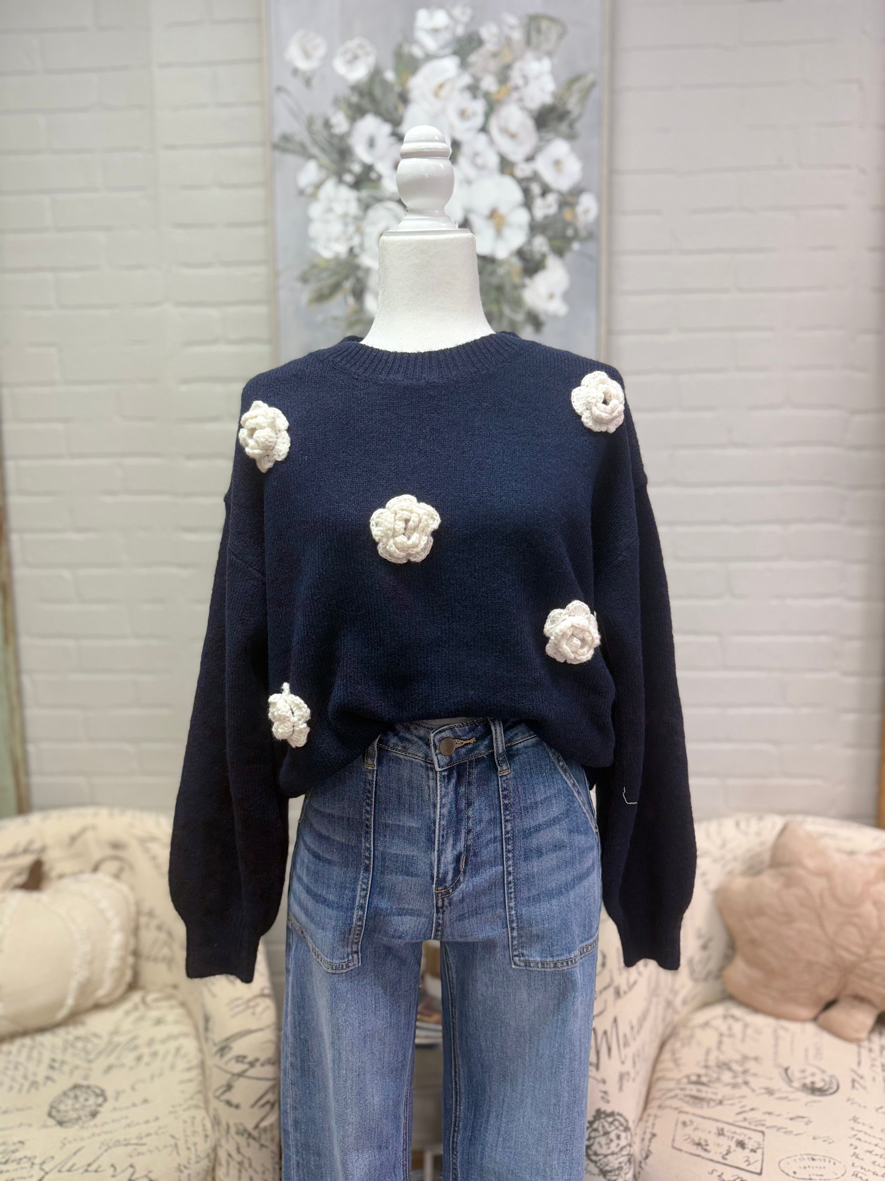 Navy Rosette Sweater