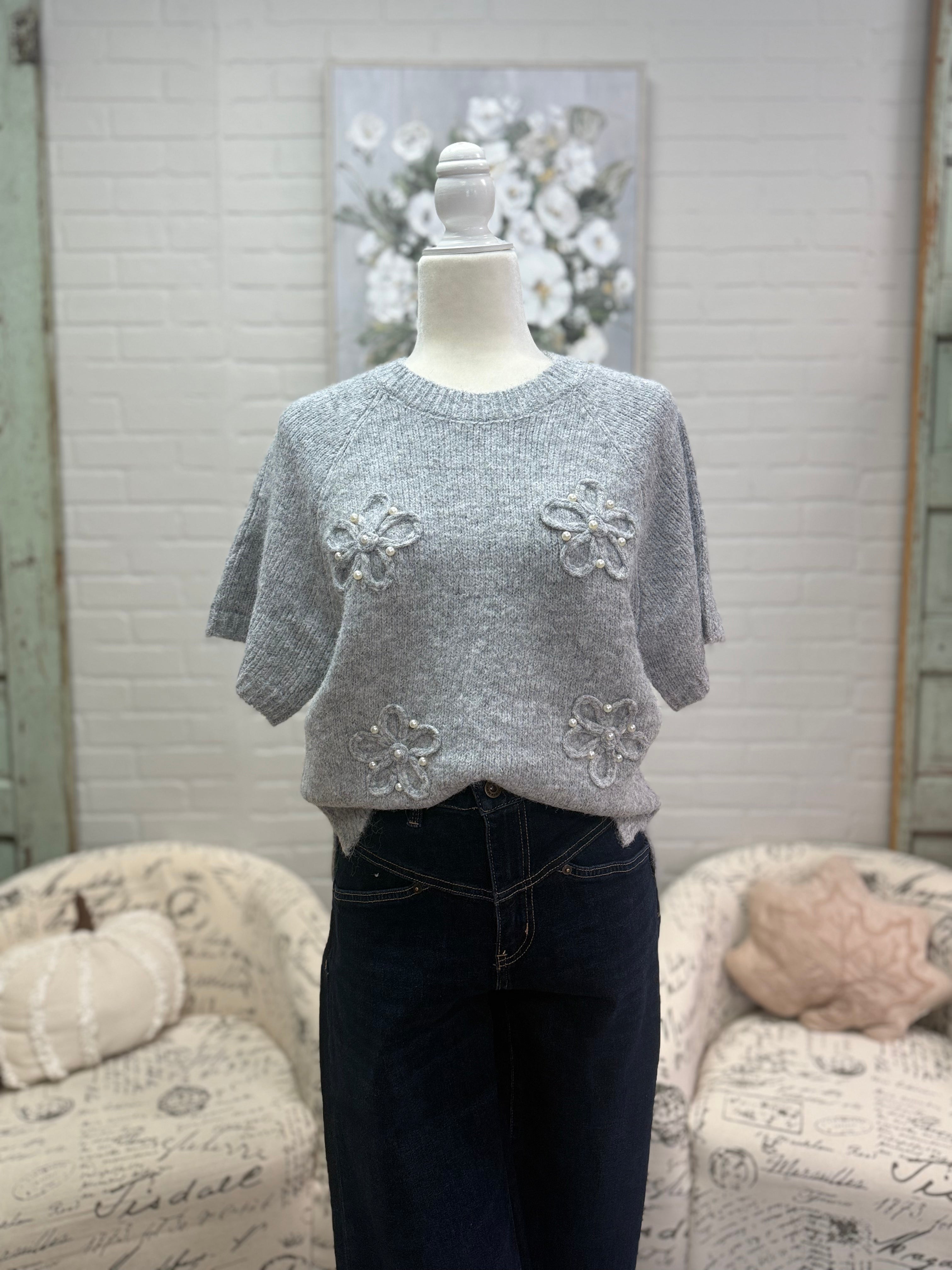 Grey Flower Short Sleeve Sweater