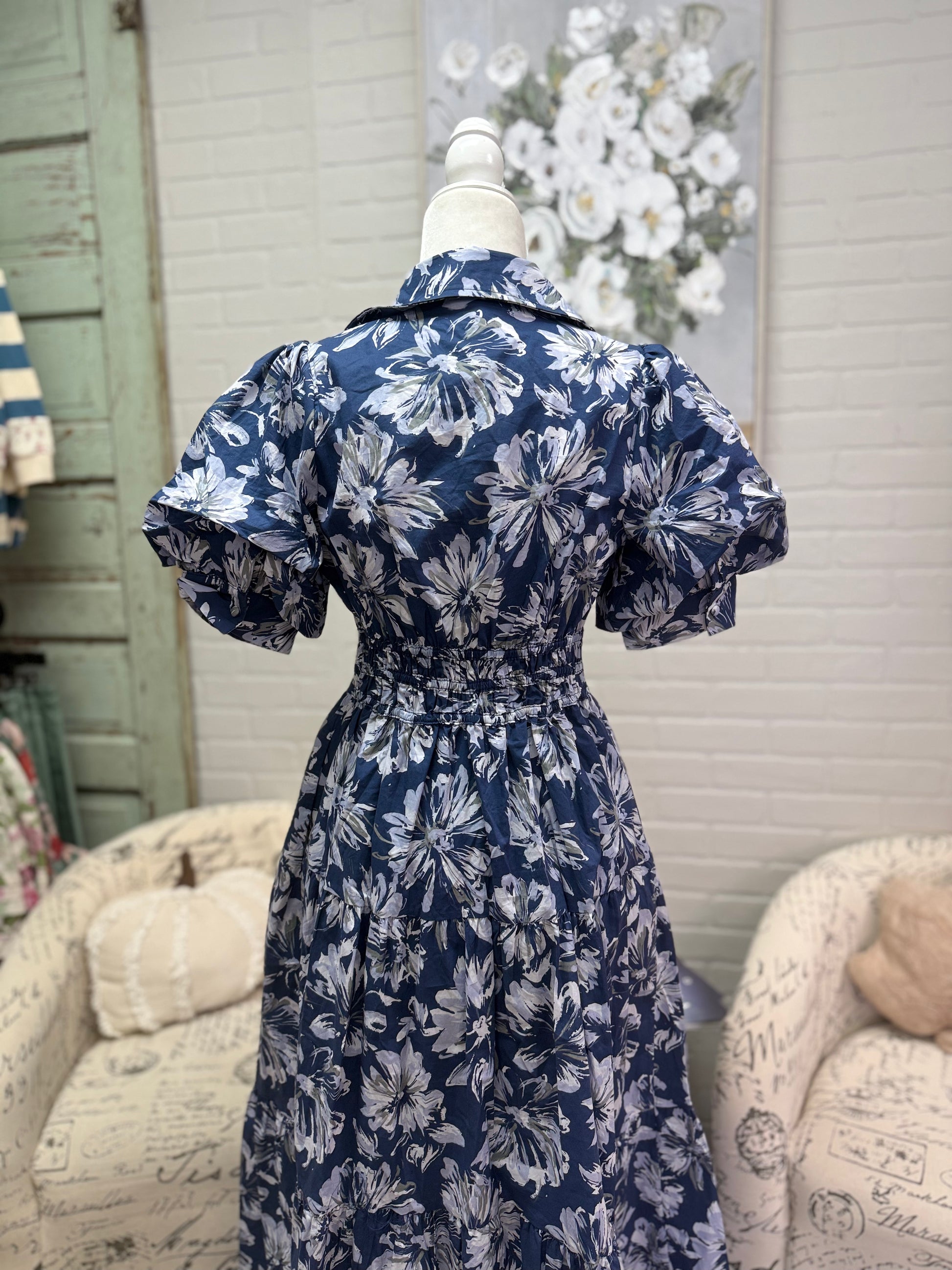 Navy Floral Ruched Midi Dress