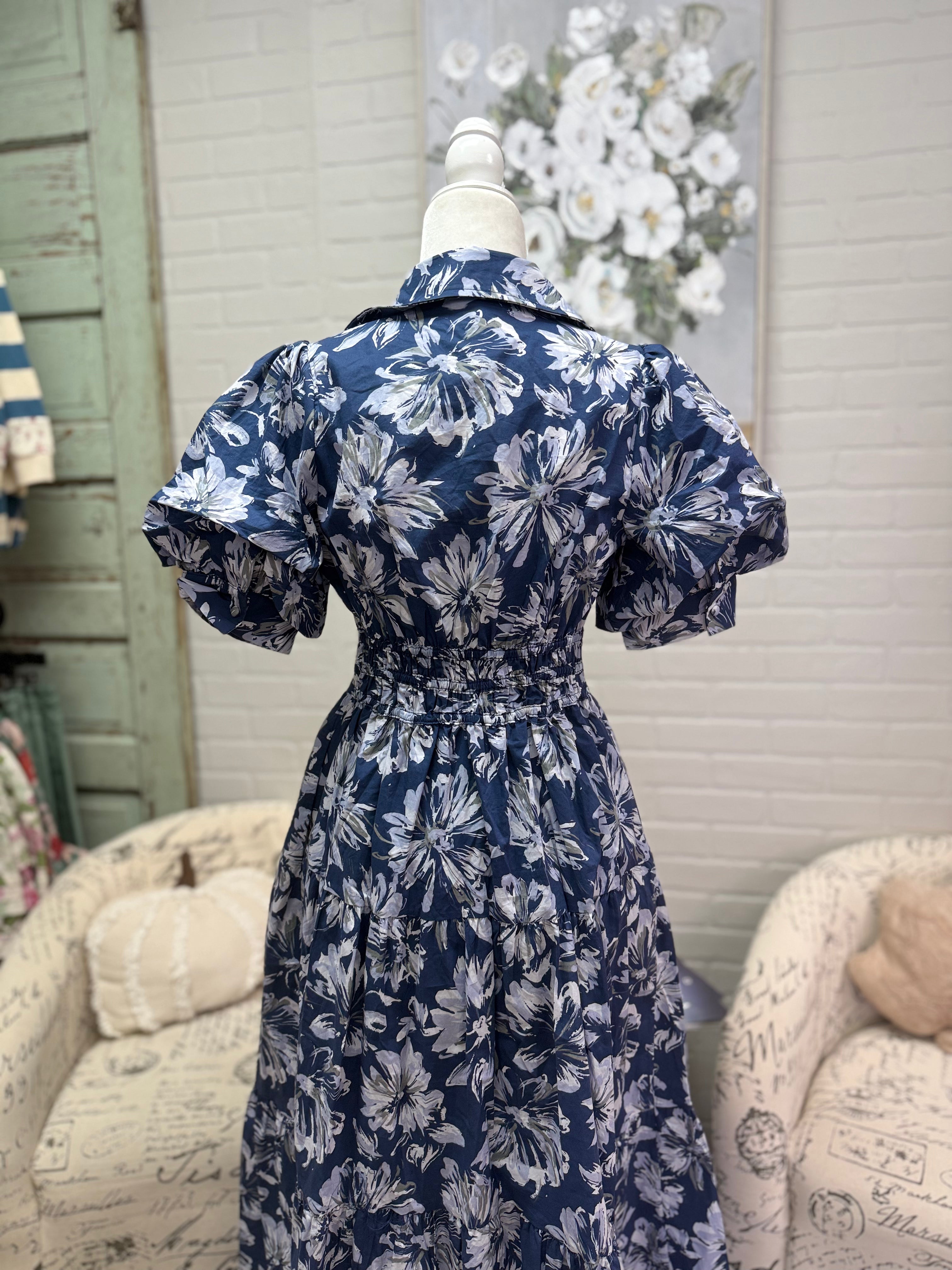 Navy Floral Ruched Midi Dress