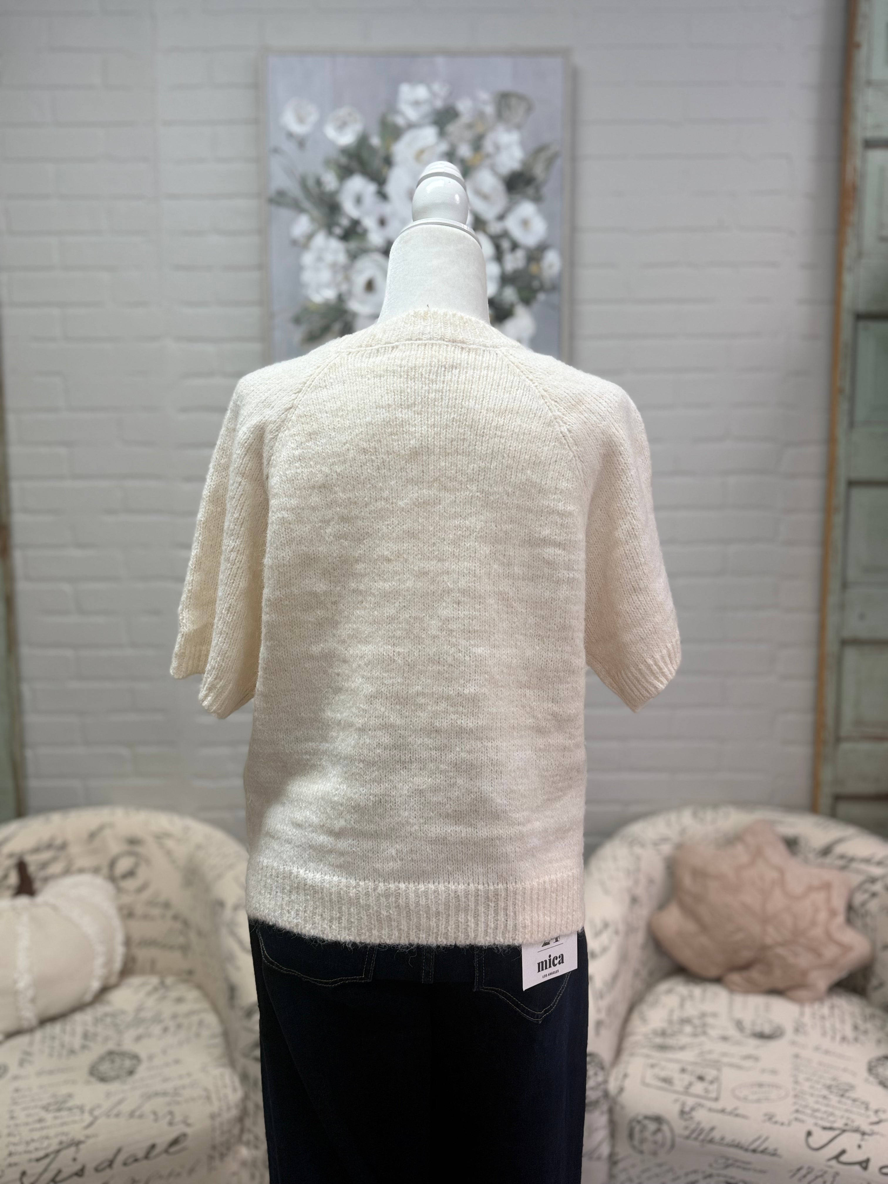 Cream Flower Short Sleeve Sweater