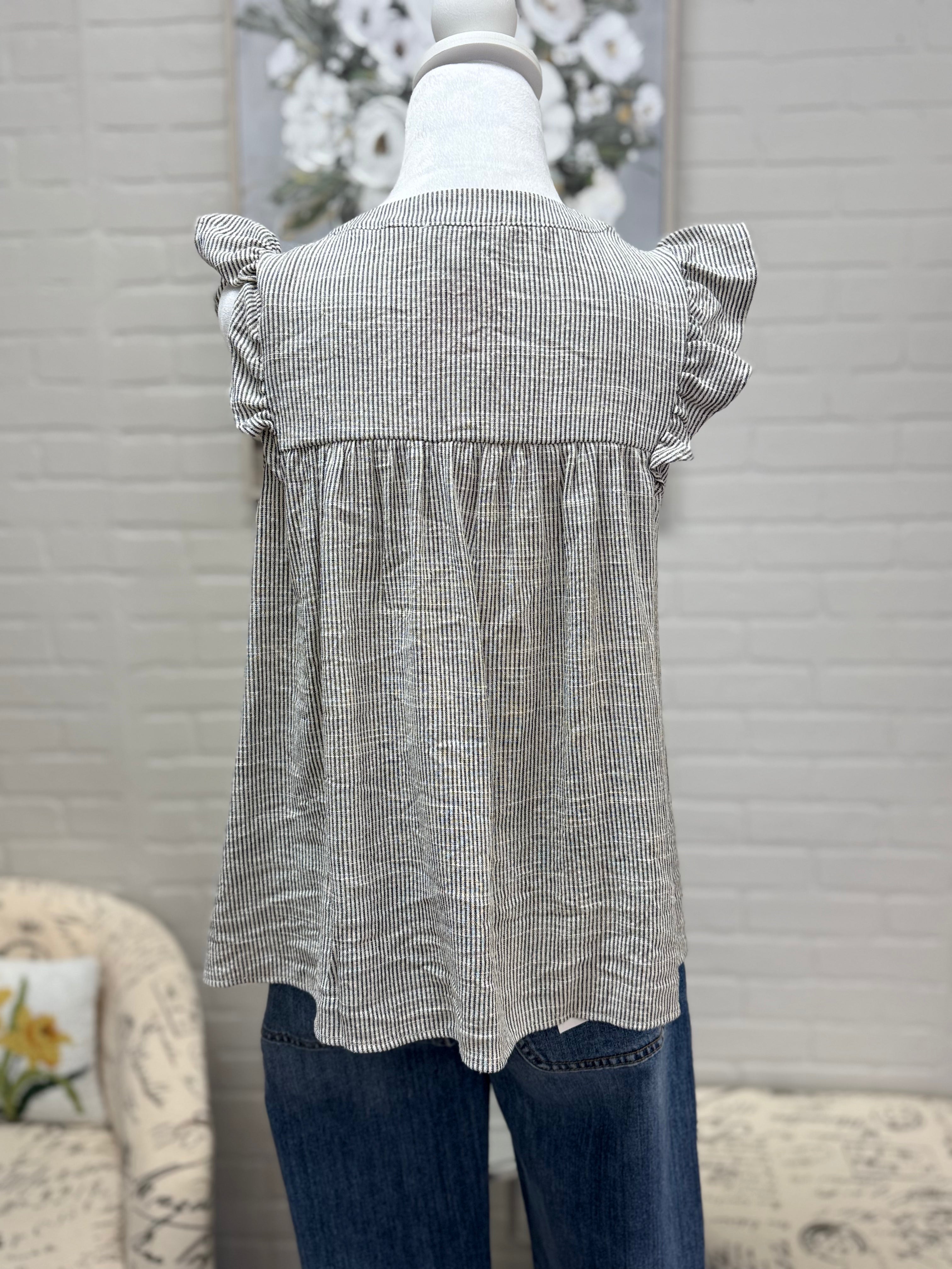 Stripe Button Up Ruffle Top