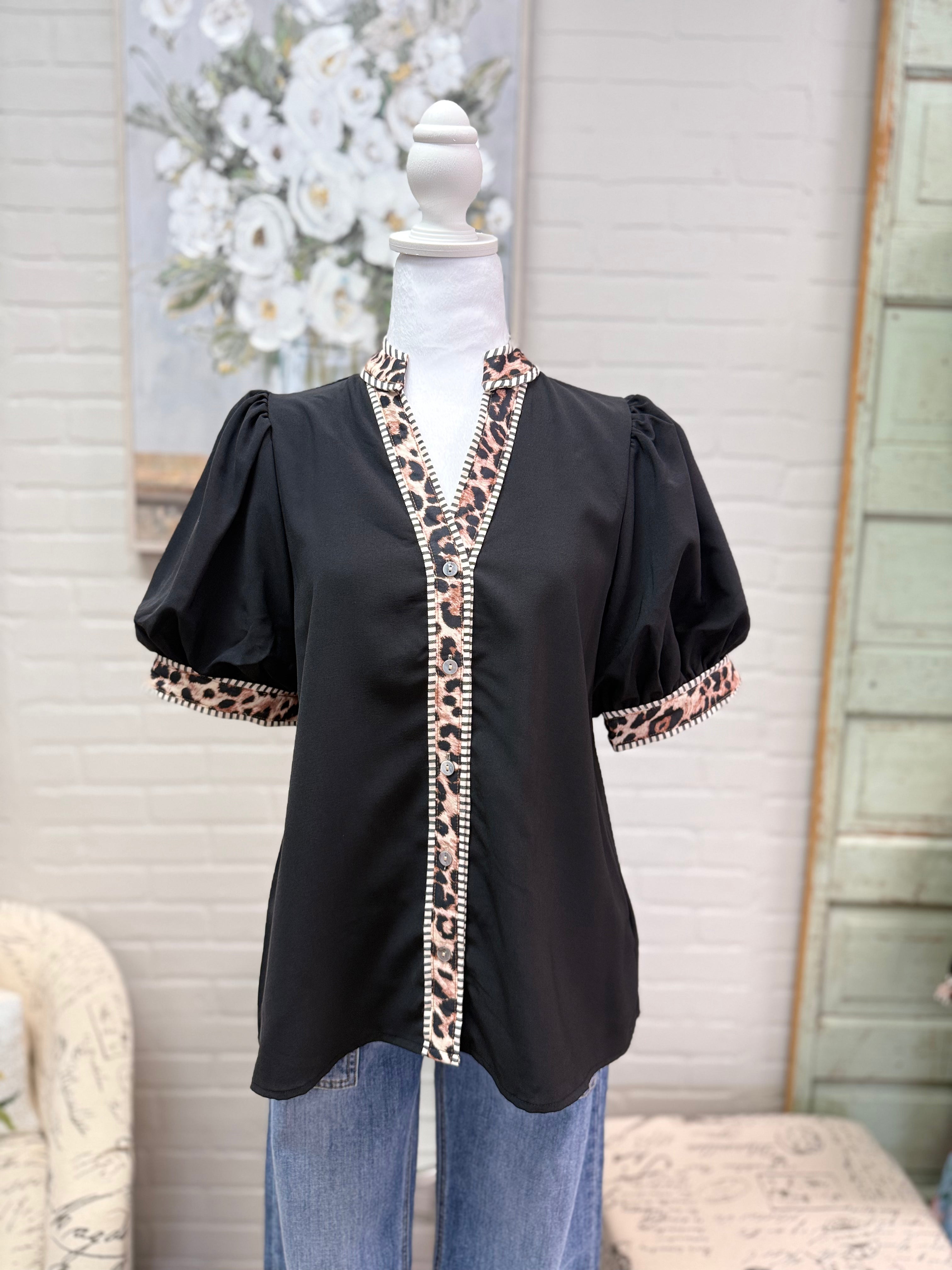 Black Leopard Trim Top