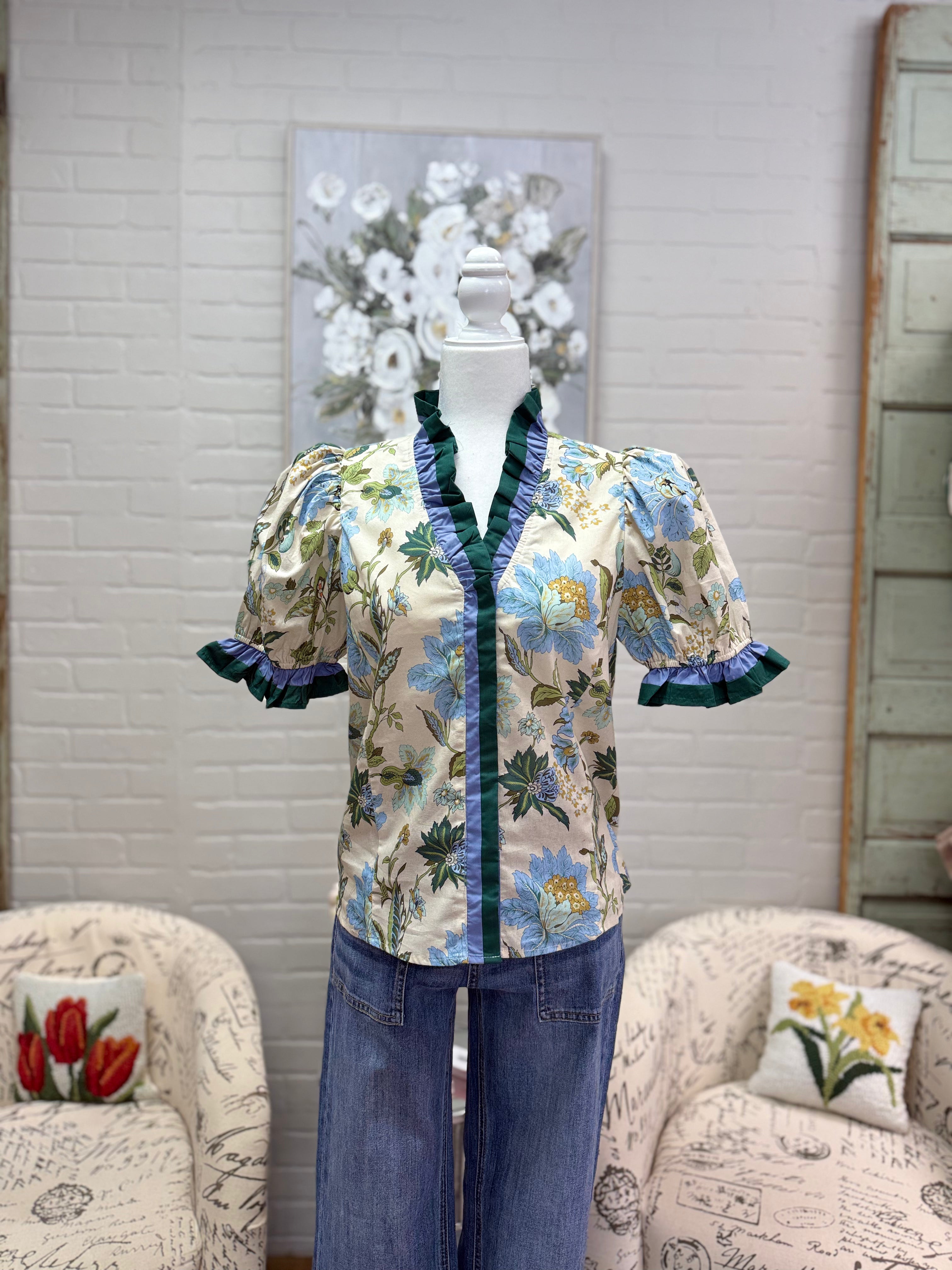 Cream & Blue Floral Top