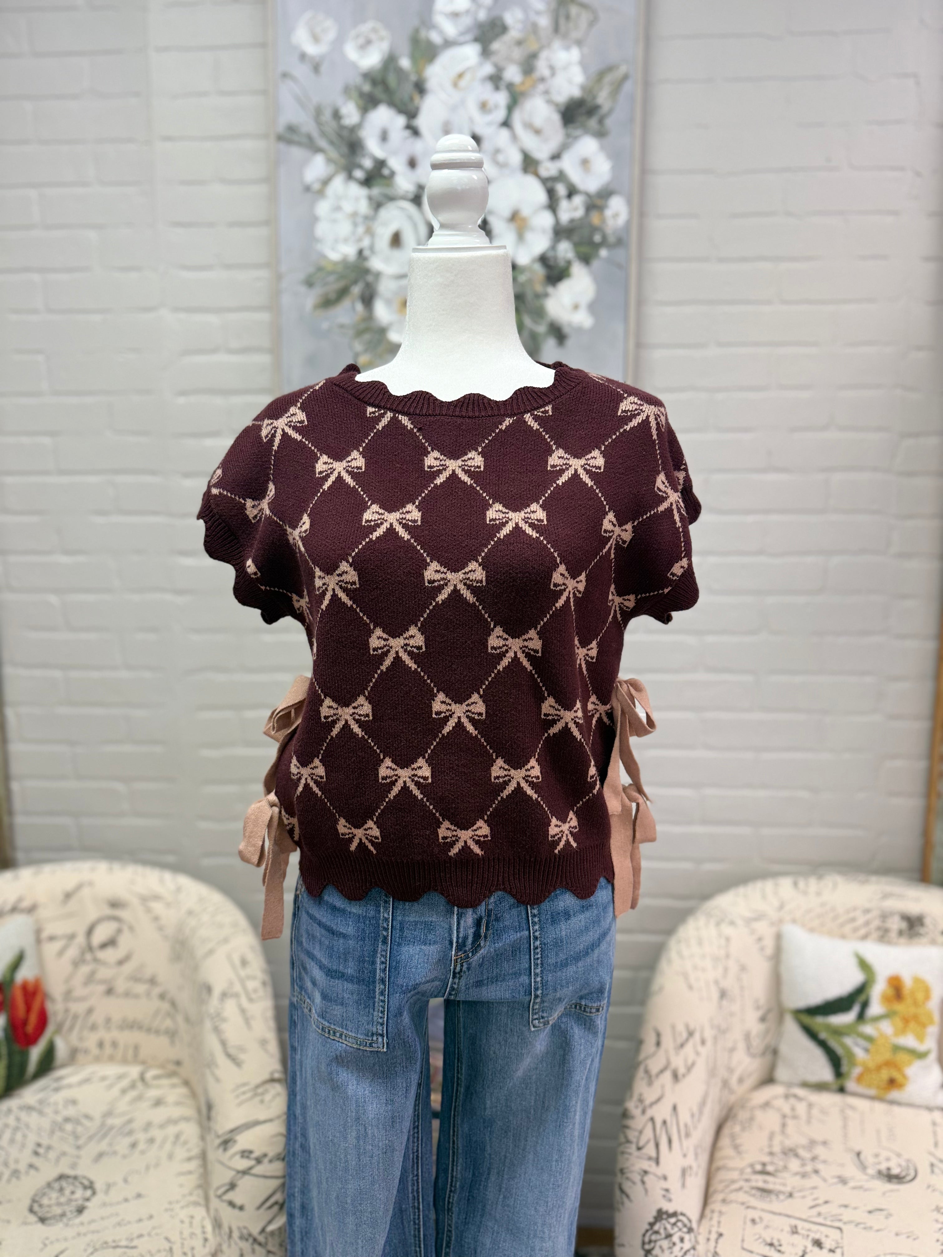 Burgandy Bow Sleeveless Sweater