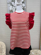 Red Striped Flutter Sleeve Top