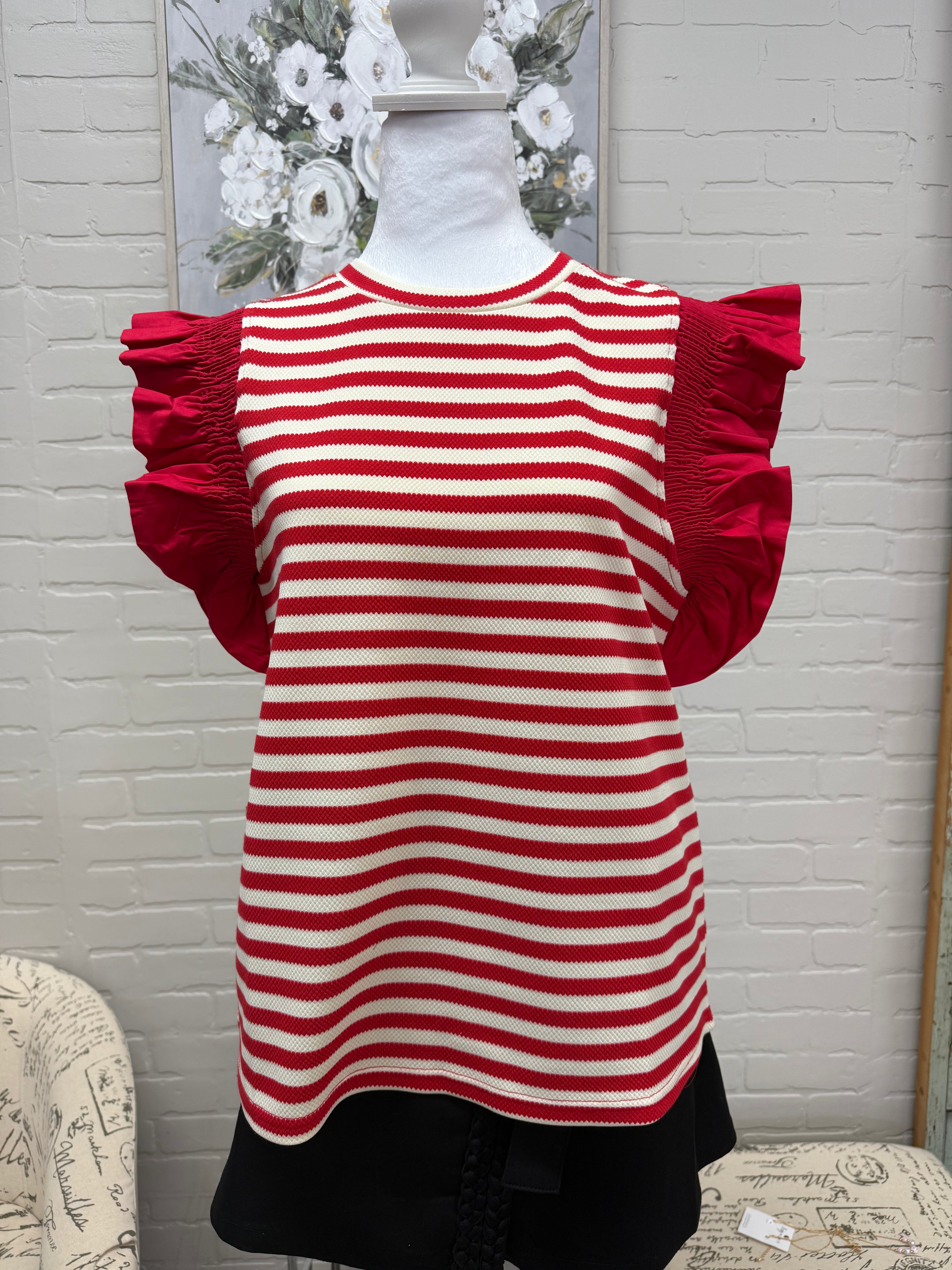 Red Striped Flutter Sleeve Top